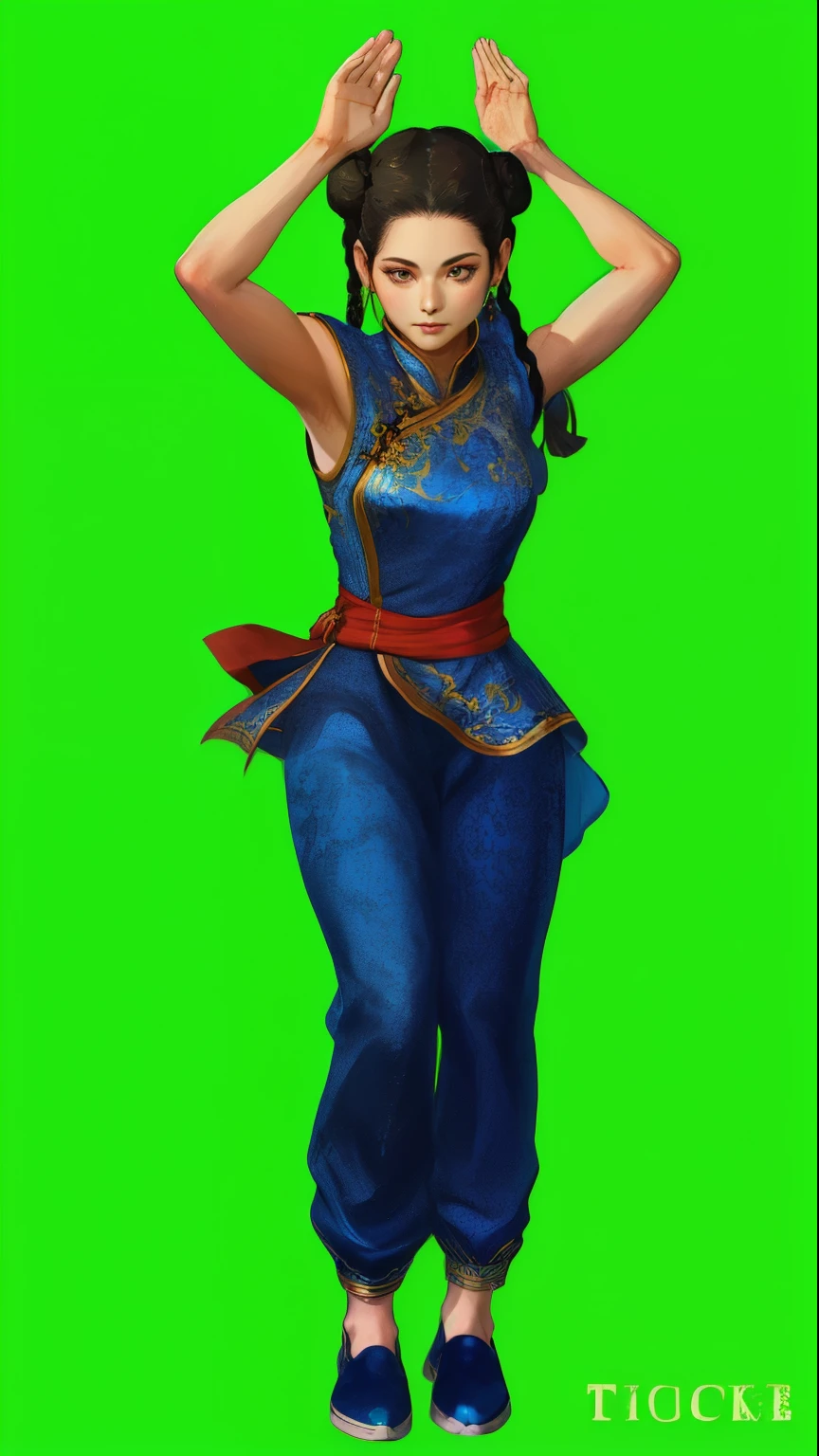 whole body、Paichang, Twin blades with blue ribbon, brown eyes, double bun,black hair,Are standing, alone , Upper body, combat readiness,
Paiati,blue chinese dress, Red band, pants, sleeve less,
marble floor, blue sky, cloudy, evening,
(Extremely detailed, beautiful detailed face, masterpiece, highest quality)