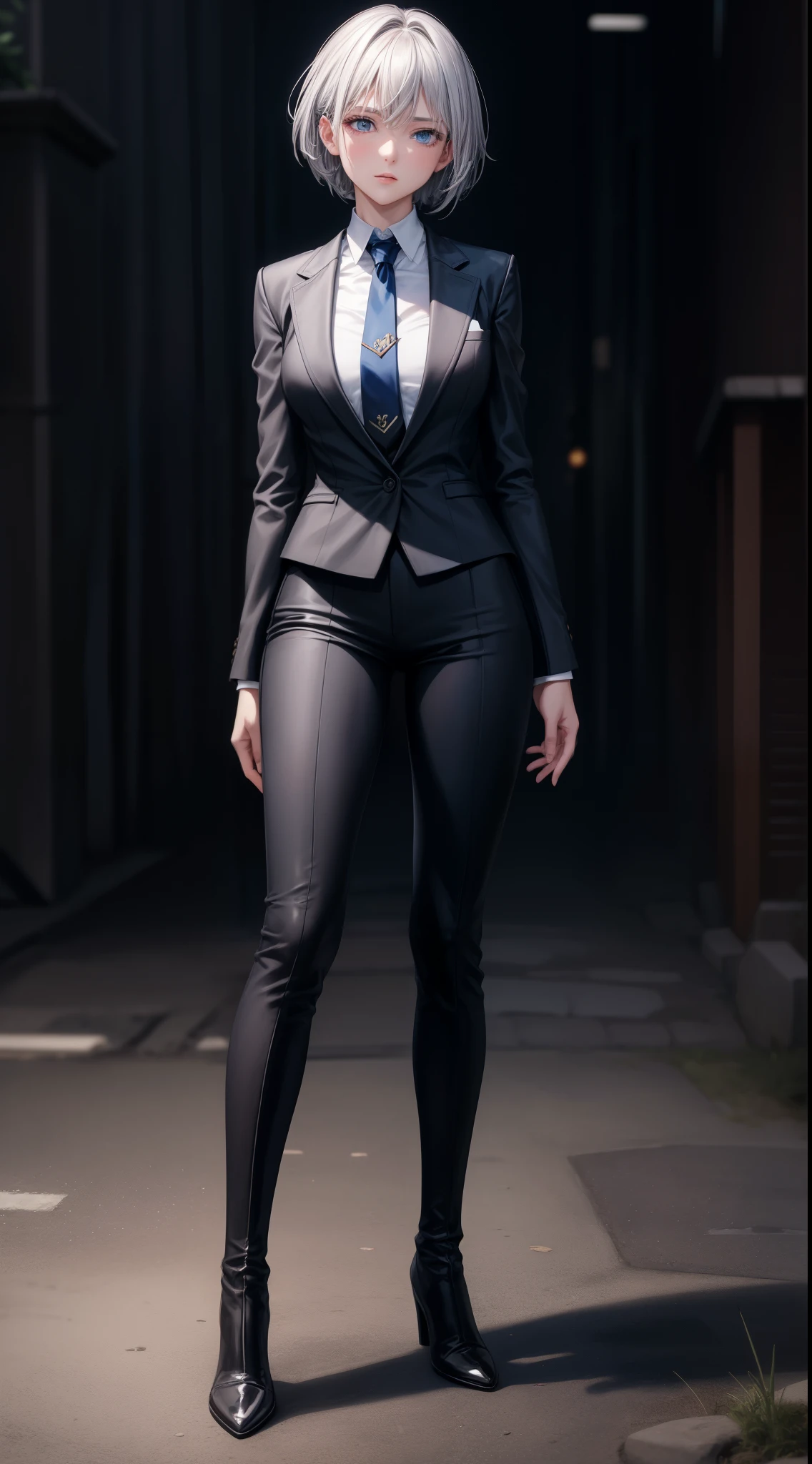 masterpiece, highest quality, High resolution, 1 girl, Gray Hair, short hair, blue eyes, Medium chest, OL, tie, Black suit, Outdoor,Idol Master,Anastasia,Knee-high boots,pants suit