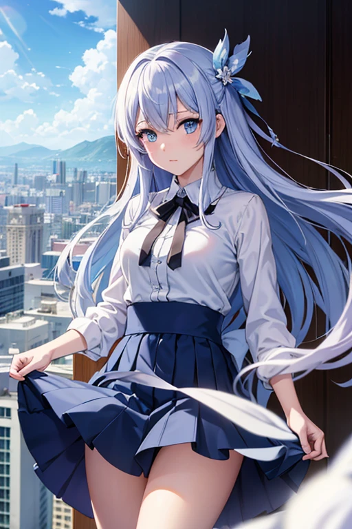 absurderes, hight resolution, (Anime style:1.1), ((masutepiece)), ((Best Quality)), (Ultra-detailed), (Beautiful), solo, Beautiful face、(liftup)、Cute  looking at the view from the top of a skyscraper that is closer to the atmosphere,Wind,Thin White colorful long hair,, Blue Eyes,Lens Flare,Dramatic,Detailed Ancient City、Skirt fluttering in the wind、Clouds below looking down、(Don't look here:1.4)