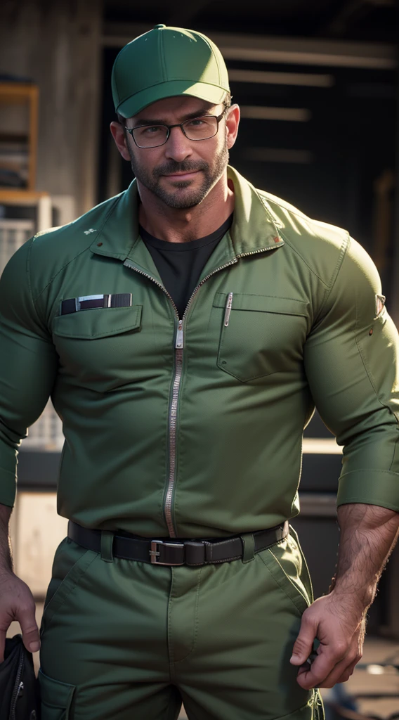 An award-winning original photo，A wild muscular man, (40 years old daddy:1.1), 1boy, Solo, (green longsleeves mechanic jumpsuit), (tool belt), (green baseball cap), black hair, (big shoulders), musculature, stubbles, Short beard, Beautiful eyes:1.3, ), (Detailed face:1.3), wearing glasses, smiles, Dynamic Angle, volumetric lighting, (Best quality, A high resolution, Photorealistic), Cinematic lighting, Masterpiece, RAW photo, Intricate details, hdr, depth of field, garage