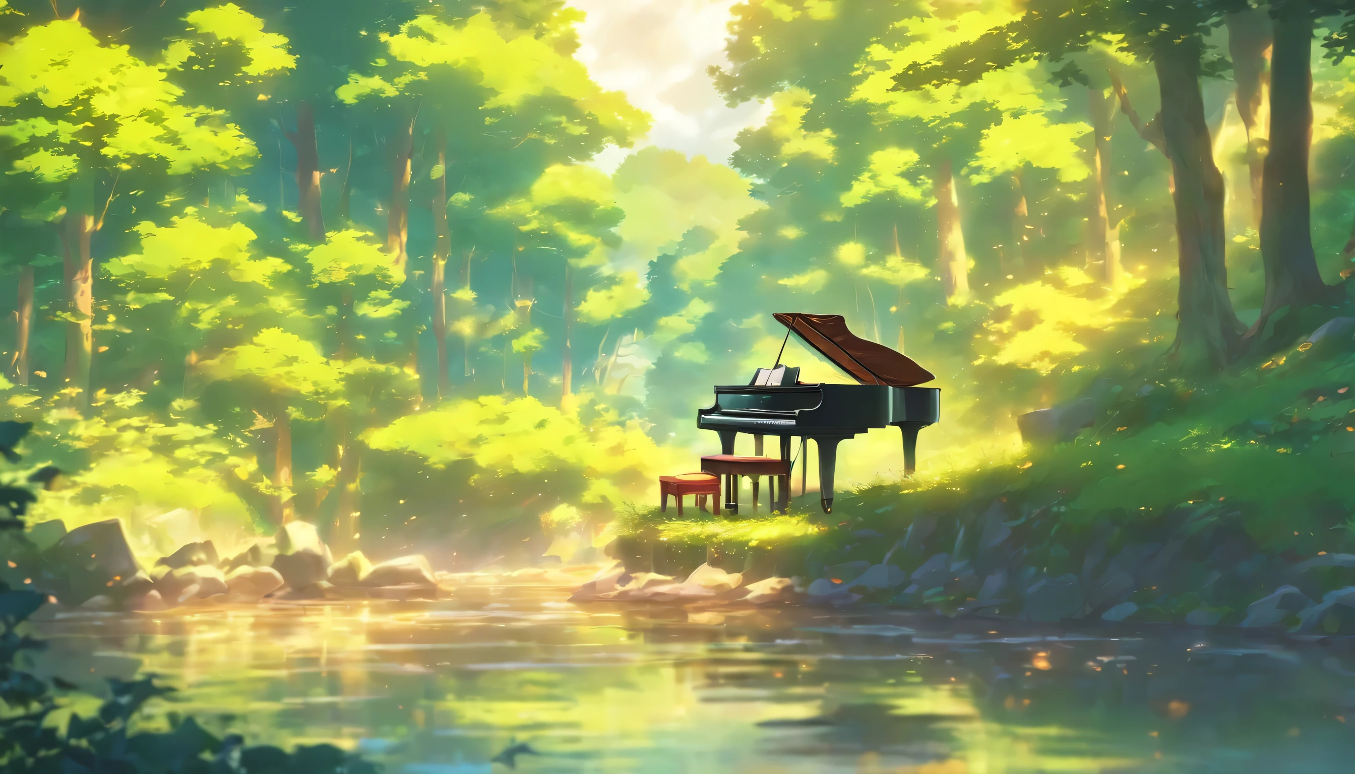 A piano in the middle of the woods near a river