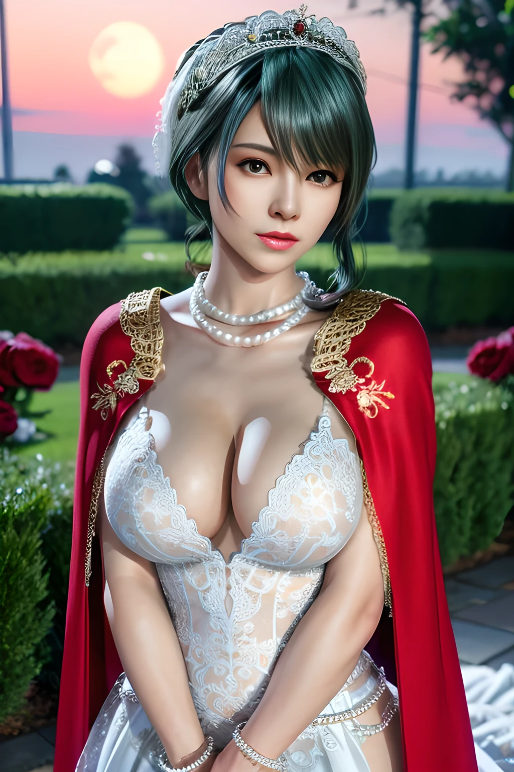 1 girl,lean over WINK,(Wearing Wedding Dress:1.2) ,(Wearing Jewel:1.2) ,( red lace_cloak:1.3),(Fluffs :1.4),(pearl bodychain:1.3),garden,nighttime,moon,( huge breasts ),cleavage,shiny skin,lip gloss,tattoos, masterpiece, best quality, realistic ,Surrealism,Rich artistic colors,natural colors art in 8k,3D,Portrait art,solo, tamaki