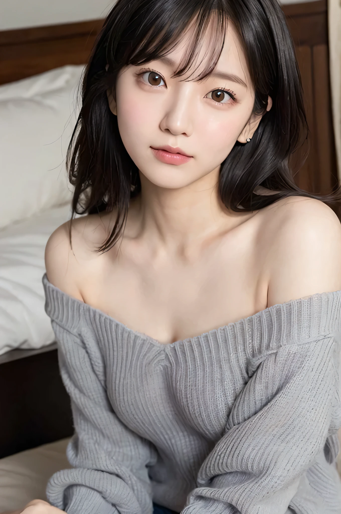 "Cute woman with long straight black hair, bangs, She is wearing an off-the-shoulder grey oversized sweater. She is sitting on the bed, Her captivating eyes and parted lips give off a seductive and alluring look., Enhanced by a deep blush. She is a childhood friend who has undergone a remarkable transformation.."