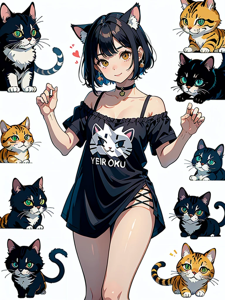 (highest quality, masterpiece, High resolution)、(anime art)、,cinematic light、soft light、(1girl)、black hair、(Tabby cat costume)、(Striped cat costume)、(Persian cat costume)、(Three-color cat costume)、(loose t-shirt)、(Loose shirt)、off shoulder、Sexy mini dress、Cat ear、bob cut、semi-long、bun hair、hair ornaments、choker、enchanting smile、small breasts、(cat pose)、(Playing)、acrobatics、Cat jarashi、((white background))、