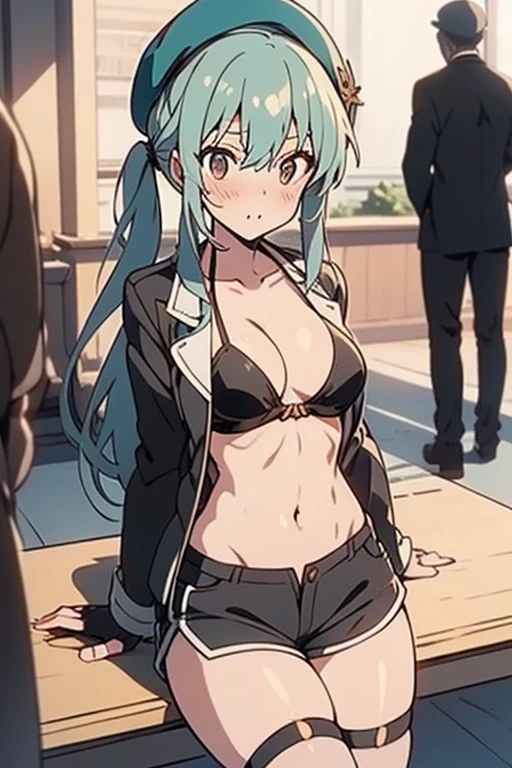 ubel,dark green hair,long hair,side ponytail,hair between eyes,bangs, BREAK (beret, black jacket, open clothes, cleavage, midriff, black shorts, black thighhighs, thigh strap, fingerless gloves, single glove:1.2), (double breasted,under bust:1.2), sitting at a table, cute, anime visual of a cute girl, cute anime girl, eating cakes, young anime girl, guweiz, high quality anime artstyle, anime girl, artwork in the style of guweiz, beautiful anime girl, pretty anime girl, (anime girl), official artwork