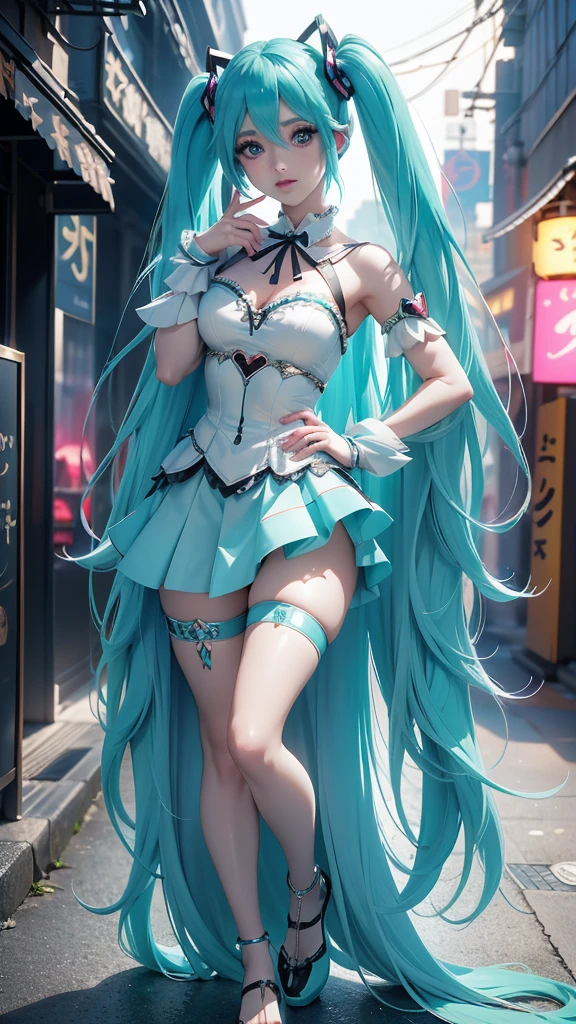 (La mejor calidad,A high resolution,Ultra - detallado,actual),Ariana Grande, chica anime Cosplay, anime Cosplay, (Hatsune MikuCosplay:1.4) , foto de Cosplay, dos colas blancas_guantes, Cosplay, lindo anime waifu con un bonito vestido, chica anime con pelo largo, Diosa del anime, Cosplay elegante y glamoroso, chica anime disfrazada de sirvienta, More detailed 8K.motor irreal:1.4,High Definition,La mejor calidad:1.4, fotorrealista:1.4, textura de la piel:1.4, obra maestra:1.8,obra maestra, mejor calidad,objeto Objeto], (rasgos faciales detallados:1.3),(Las proporciones correctas)(Detalles de la cara: 1.5, ojos azules brillantes, hermoso rostro, ojos bonitos, Contorno del iris, labios delgados: 1.5, Thin, sharp pale eyebrows, Long, dark eyelashes, double tabs),,  (pose vaquero), ,( ciberpunk 2.1), (vestuario kawaii :1.4), manos perfectas: 1.5, (perfect anatomy), (tokyo night alley background:1.4) 