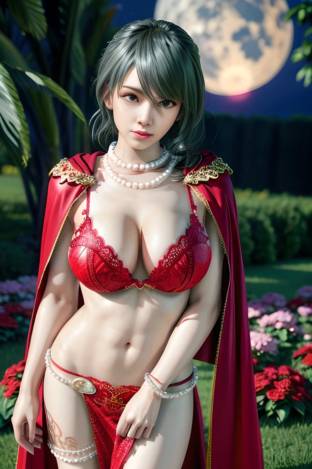 1 girl,lean over WINK,(Wearing Wedding Dress:1.2) ,(Wearing Jewel:1.2) ,( red lace_cloak:1.3),(Fluffs :1.4),(pearl bodychain:1.3),garden,nighttime,moon,( huge breasts ),cleavage,shiny skin,lip gloss,tattoos, masterpiece, best quality, realistic ,Surrealism,Rich artistic colors,natural colors art in 8k,3D,Portrait art,solo, tamaki