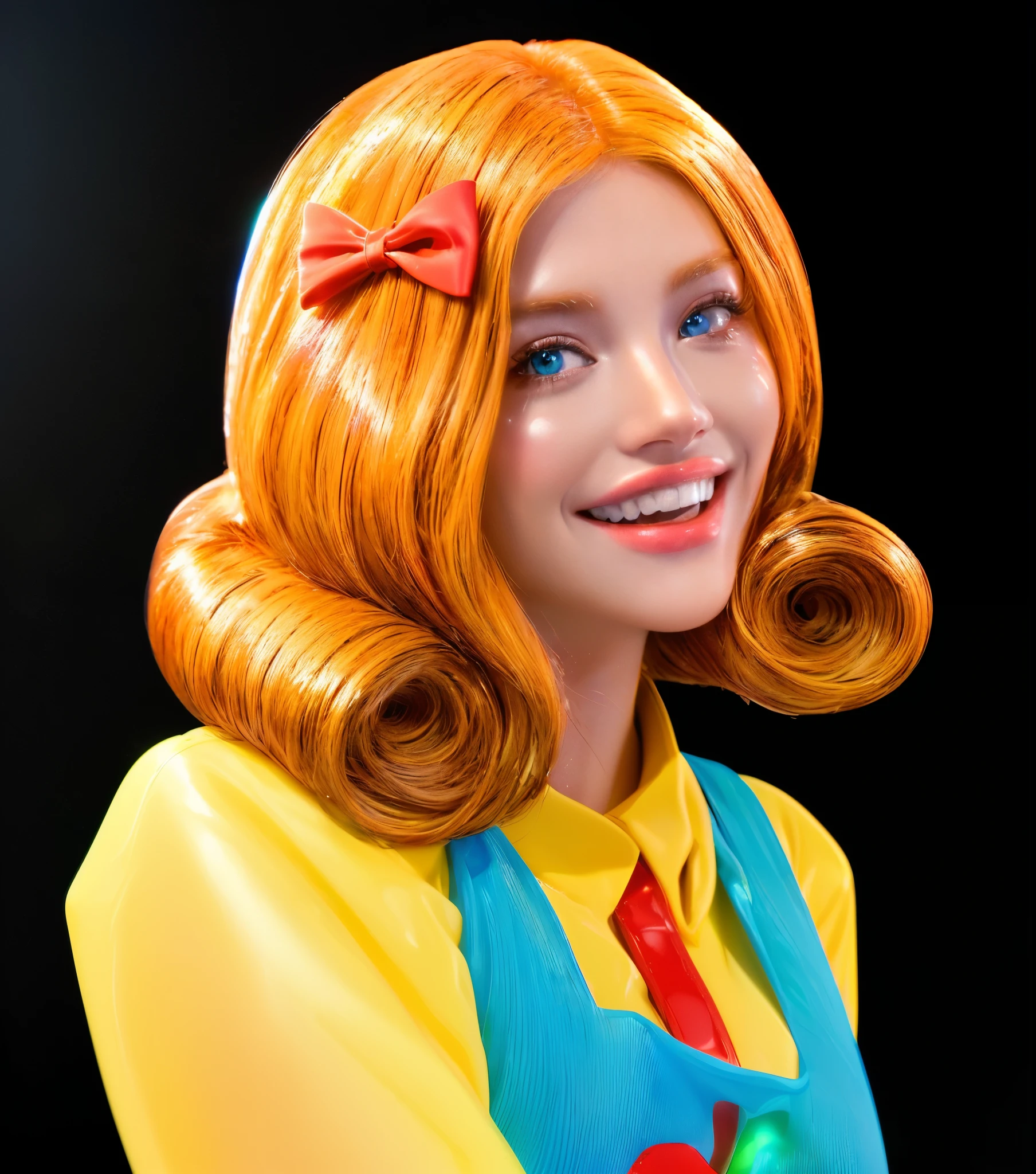 A cartoon girl with a huge smile and red hair is peeking out from a baby bag. laying on a blue background blanket., glossy texture, smooth 3d model, multiple light sources, rim light, sharp post effects render, (glossy plastic texture with multiple big light probe refractions), perfect cgi, smooth silhouette, high intensity refraction, (super glossy material), most beautiful vfx, blue background, plastic refractions, realistic, 4k, high resolution, rim light, photo shoot, commercial photo, profile shot, 4k, rim light, high resolution, 4k, glossy texture, smooth 3d model, multiple light sources, rim light, sharp post effects render, (glossy metallic texture with multiple big light probe refractions), perfect cgi, cgi art created only with gradients, smooth silhouette, high intensity refraction, (super glossy chrome material), most beautiful vfx, blue background, chrome metal refractions, multiple light sources, rim light, sharp post effects render, perfect cgi, digital art, detailed digital art, reflective, best quality, 4k, masterpiece:1.2, ultra-detailed, realistic, vivid colors, dark and moody lighting, The image of the highest quality, ensuring every detail showcased perfectly. It in 4k resolution, allowing viewers to immerse themselves in the richness of the colors and intricate details. The realistic rendering. under the spotlight, reflecting, high-resolution image, realistic rendering, dark background, and rim light photorealistic