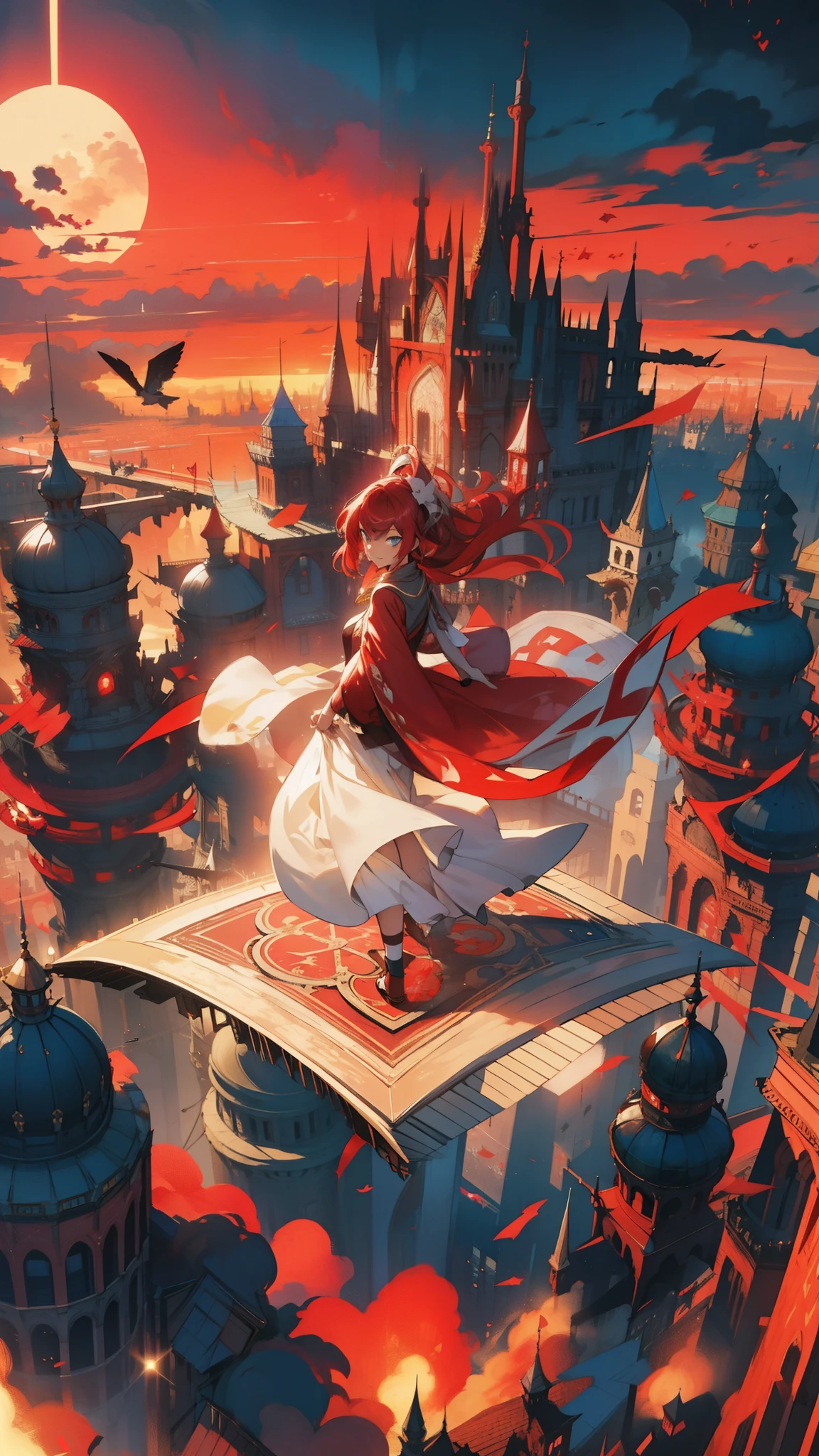 An adolescent, dressed in a striking combination of red and cream, gracefully traversing the skies on a flying carpet amidst a bustling floating cityscape. Vibrant, fantastical, aerial view, dynamic angle, intricate architecture, whimsical atmosphere, abasterpiece)), ((best quality)), ultra detailed,((illustration)), dynamic angle, detailed light, (delicate eyes), (ahoge:0.8),apathy, ray,frontage,style of anime4 k, 4k anime wallpaper, badass anime 8 k, 4 k comic wallpaper