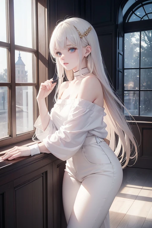 White tones,white colors,Sexy girl nipple,from back,Face away from the camera,Butt to the camera,Tummy down,bent down,With a petite figure,little body,slimfigure,Slim,s girl,Petite,whaite hair,White hair,Hair covers the chest,White bed,big breasts enchanting,seductiv,Open legs,head looking up,Transparent silk pajamas ,Thick long hair,Empty space,Pure white space,Highly detailed body,Highly detailed face,Best quality at best