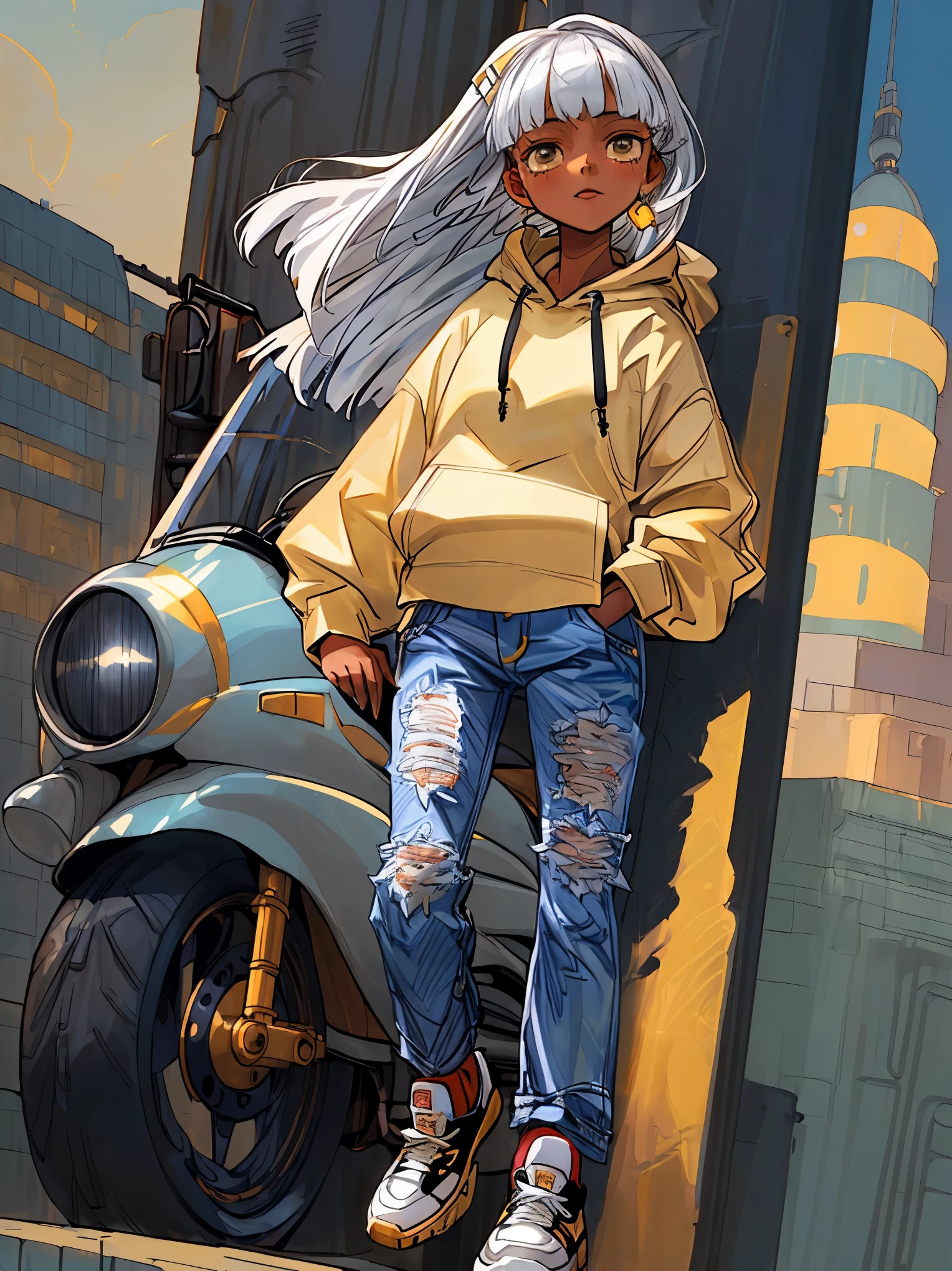 (top-quality、masterpiece:1.2) 1woman、Adult、((dark skinned female、long straight white hair, Blunt bangs, Hair hanging over the ears)) golden eyes ((hoodie、jeans, sneakers)) (city backdrop) (happy look)