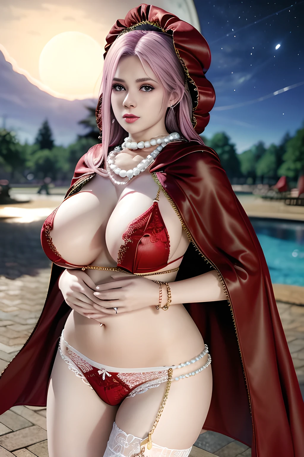 1 girl,lean over ,(Wearing underwear:1.2) ,(Wearing Jewel:1.2) ,( red lace_cloak:1.3),(Fluffs ),(pearl bodychain:1.3),mesh pantyhose,outdoor,elegant,nighttime,moonlighe,shiny skin,( huge breasts), lip gloss,tattoos, masterpiece, best quality, realistic ,Surrealism,natural colors art in 8k,soft shadows,Portrait art,solo, elise,