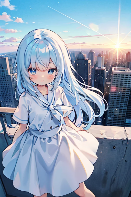 absurderes, hight resolution, (Anime style:1.1), ((masutepiece)), ((Best Quality)), (Ultra-detailed), (Beautiful), solo, Beautiful face、(liftup)、Cute looking at the view from the top of a skyscraper that is closer to the atmosphere,Wind,Thin White colorful long hair,, Blue Eyes,Lens Flare,Dramatic,Detailed Ancient City、Skirt fluttering in the wind、Clouds below looking down、(Don't look here:1.4)