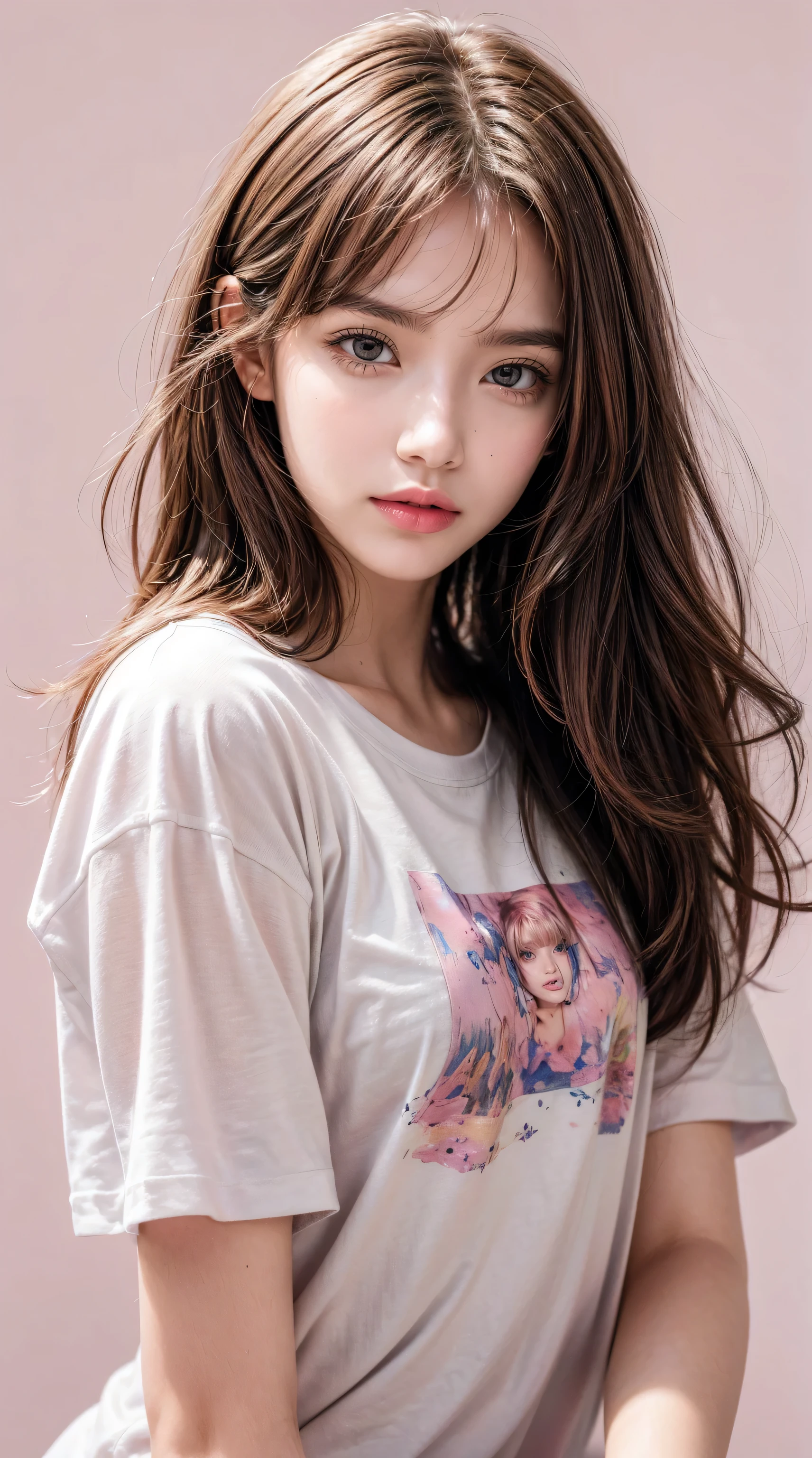 (masterpiece),(best quality:1.1),(Super detailed),Best Illustration,Fine details,(portrait:1.1),(Strong close-up),Watercolor)floating,1 Girl,Solitary,,Slim,(Extremely exquisite and beautiful face),(Detailed pink eyes),Thick pink lips,(Messy hair),(Wearing loose T-shirts),weak,(Simple background:1.2)The whole colorful background,Clear,4K