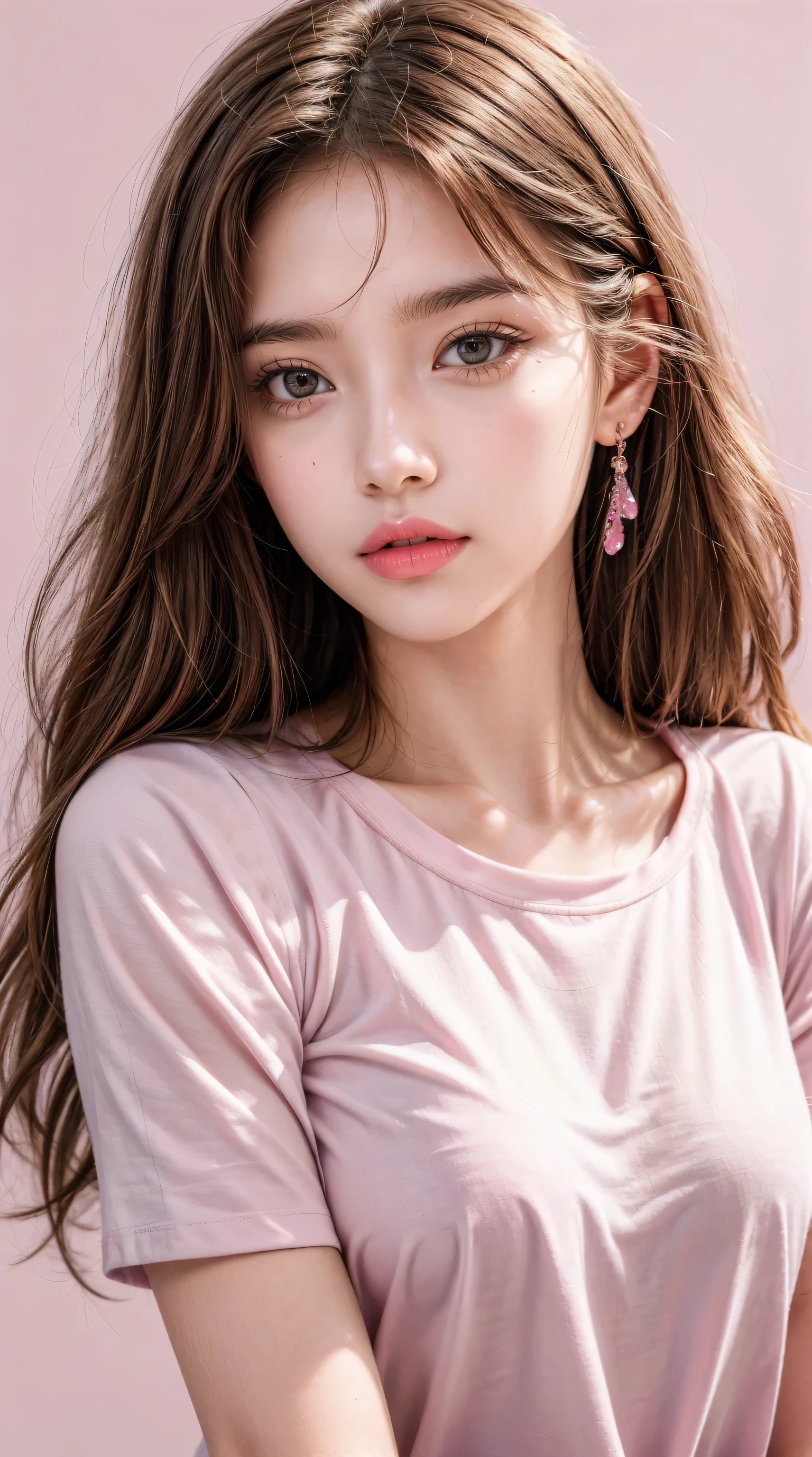 (masterpiece),(best quality:1.1),(Super detailed),Best Illustration,Fine details,(portrait:1.1),(Strong close-up),Watercolor)floating,1 Girl,Solitary,13 years old,Slim,(Extremely exquisite and beautiful face),(Detailed pink eyes),Thick pink lips,(Messy hair),(Wearing loose T-shirts),weak,(Simple background:1.2)The whole colorful background,Clear,4K
