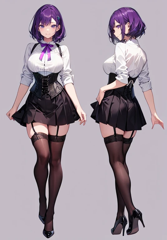 Purple hair,Shortcuts,Adult female,(Bartender),((Body harness)),((Rolling up your sleeves shirt)),(Corset),(Tight skirt),((Garter belt)),(high heels),((Simple background)),Smile,((Full body)),((whole body)),Character Sheet,