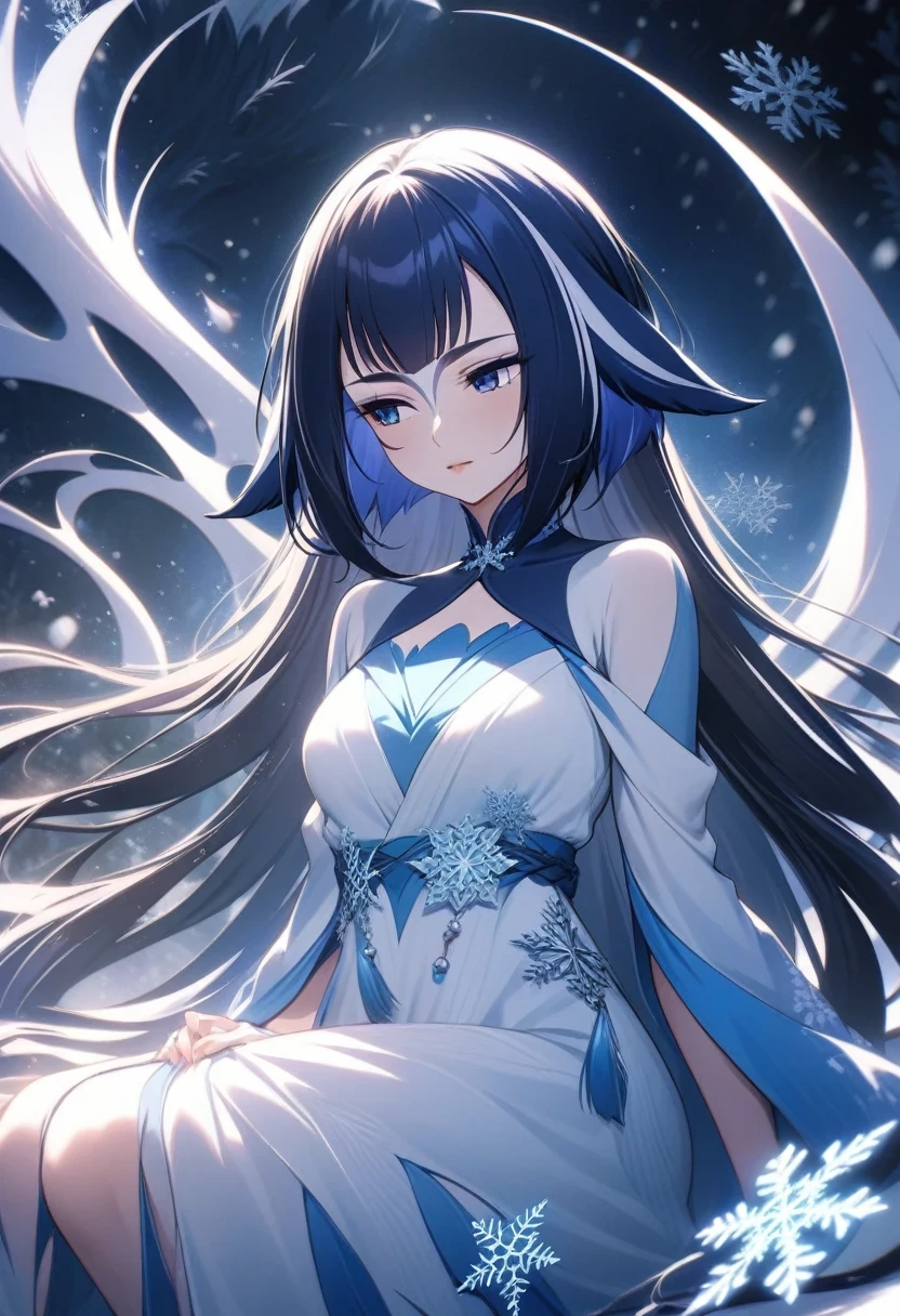 (shylily/(Twich/):1.5),(masterpiece:1.2),(best quality:1.2), Super Fine. theme: Wearing a white dress、Young woman wearing jade jewelry,sit elegantly. She is surrounded by a graceful white dragon. emotion: peaceful. light: Soft,Highlight Snowflakes. Scenes: A snowy scene，Fine snowflakes fell around her and the dragon. style: Colorful Super Fine Realism. aspect ratio: 16:9,