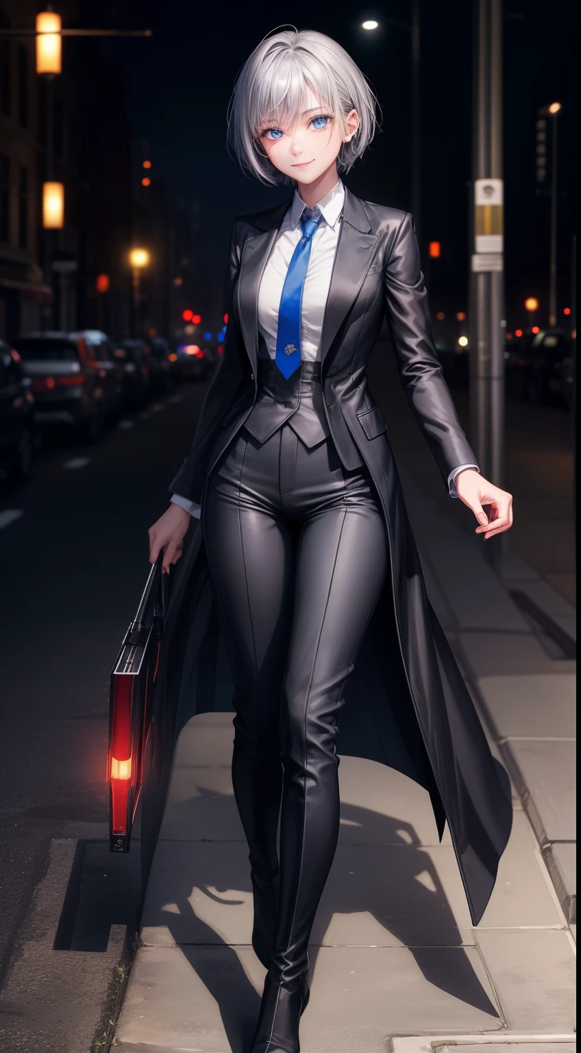 masterpiece, highest quality, High resolution, 1 girl, Gray Hair, short hair, blue eyes, Medium chest, OL, tie, Black suit, Outdoor,Idol Master,Anastasia，Knee-high boots，pants suit,Red Light District,(smile)