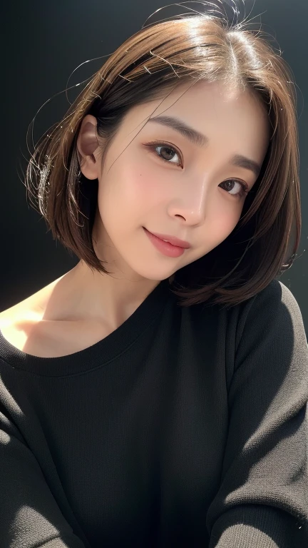 (((Close-up of face)))、(((Absolutely shoulder-length brown straight short bob)))、(((She is posing like a hair salon model, with a black wall indoors as the background.)))、(((Casual black winter long sleeve outfit)))、Half Japanese, half Korean、18 year old girl、Standing Alone、Looking forward、Light eye makeup、Brown Hair Color、Flat and 、Hair blowing in the wind、Actress Quality、Glossy, ultra-realistic face、Smiling face、Watery eyes、Gazing Up、Subtle lighting effects、 Ultra-Realistic Capture、Very detailed、High resolution 16K close up of human skin。Skin texture must be natural、The details must be such that pores can be clearly seen、The skin is healthy、Uniform tone、Use natural light and colors、A worn-out, high-quality photo taken by a model agency's in-house photographer.、smile、(((SIGMA 300 mm F/1.4,1/1000 sec shutter,ISO 400)))
