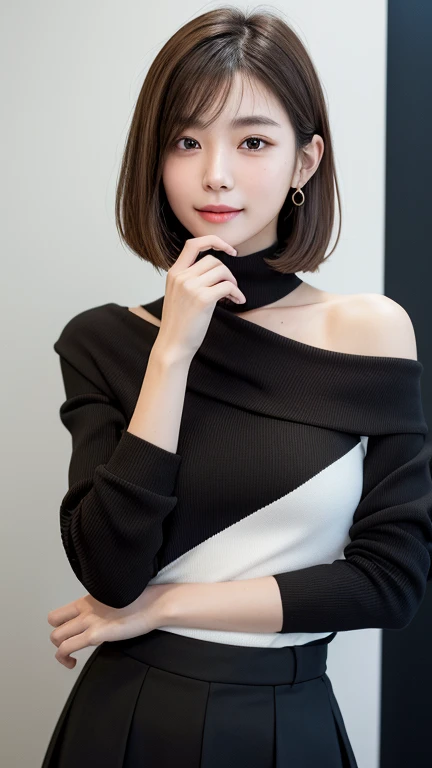 (((Close-up of face)))、(((Absolutely shoulder-length brown straight short bob)))、(((She is posing like a hair salon model, with a black wall indoors as the background.)))、(((Casual black winter long sleeve outfit)))、Half Japanese, half Korean、18 year old girl、Standing Alone、Looking forward、Light eye makeup、Brown Hair Color、Flat and 、Hair blowing in the wind、Actress Quality、Glossy, ultra-realistic face、Smiling face、Watery eyes、Gazing Up、Subtle lighting effects、 Ultra-Realistic Capture、Very detailed、High resolution 16K close up of human skin。Skin texture must be natural、The details must be such that pores can be clearly seen、The skin is healthy、Uniform tone、Use natural light and colors、A worn-out, high-quality photo taken by a model agency&#39;s in-house photographer.、smile、(((SIGMA 300 mm F/1.4,1/1000 sec shutter,ISO 400)))