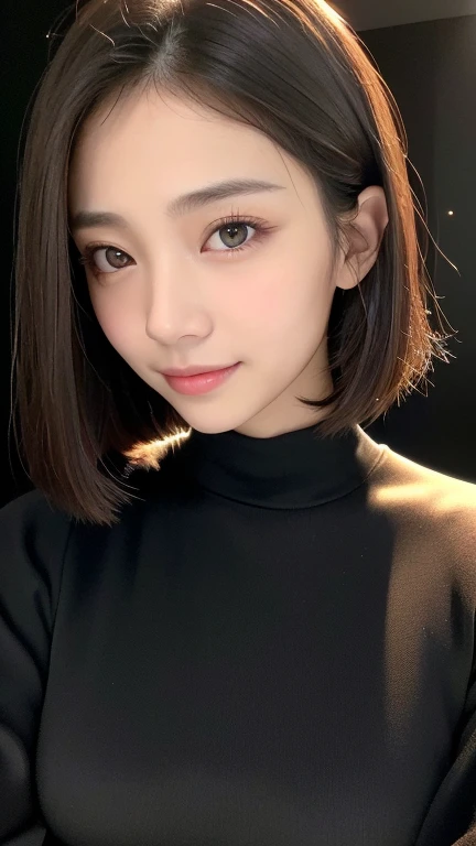 (((Close-up of face)))、(((Absolutely shoulder-length brown straight short bob)))、(((She is posing like a hair salon model, with a black wall indoors as the background.)))、(((Casual black winter long sleeve outfit)))、Half Japanese, half Korean、18 year old girl、Standing Alone、Looking forward、Light eye makeup、Brown Hair Color、Flat and 、Hair blowing in the wind、Actress Quality、Glossy, ultra-realistic face、Smiling face、Watery eyes、Gazing Up、Subtle lighting effects、 Ultra-Realistic Capture、Very detailed、High resolution 16K close up of human skin。Skin texture must be natural、The details must be such that pores can be clearly seen、The skin is healthy、Uniform tone、Use natural light and colors、A worn-out, high-quality photo taken by a model agency&#39;s in-house photographer.、smile、(((SIGMA 300 mm F/1.4,1/1000 sec shutter,ISO 400)))