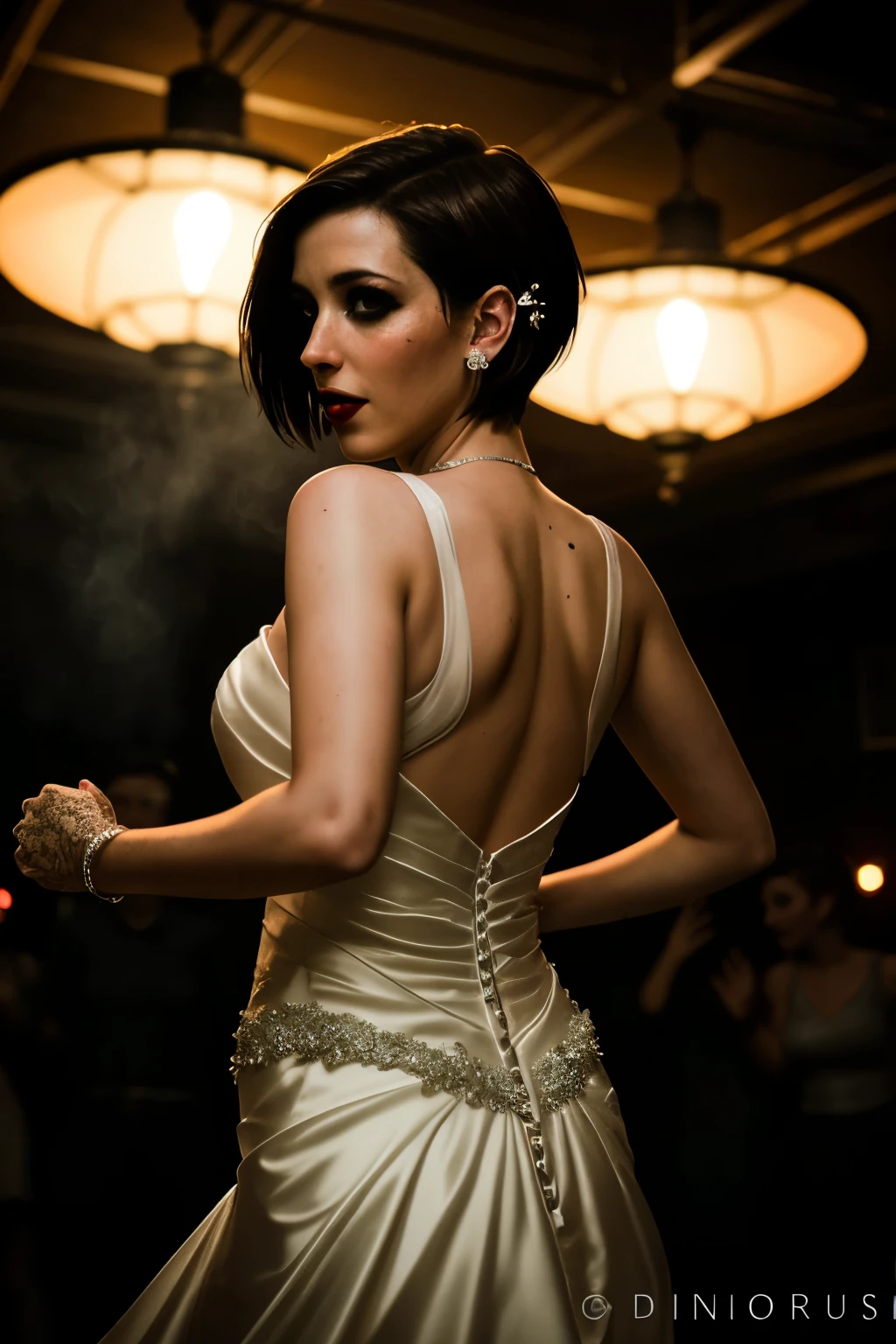 drunk bride dancing at the dark foggy techno club, dark brown hair, short hair, short haircut, shaved hair, fetish earings, fetish slothes, dim lights, 35mm, cinematic, horror theme, resident evil style,
