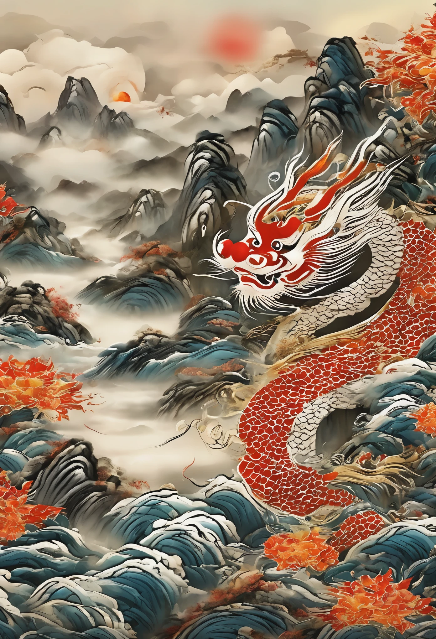 (masterpiece, best quality: 1.2)针织Mountain水画，river，Mountain，sun，Chinese dragon in the clouds