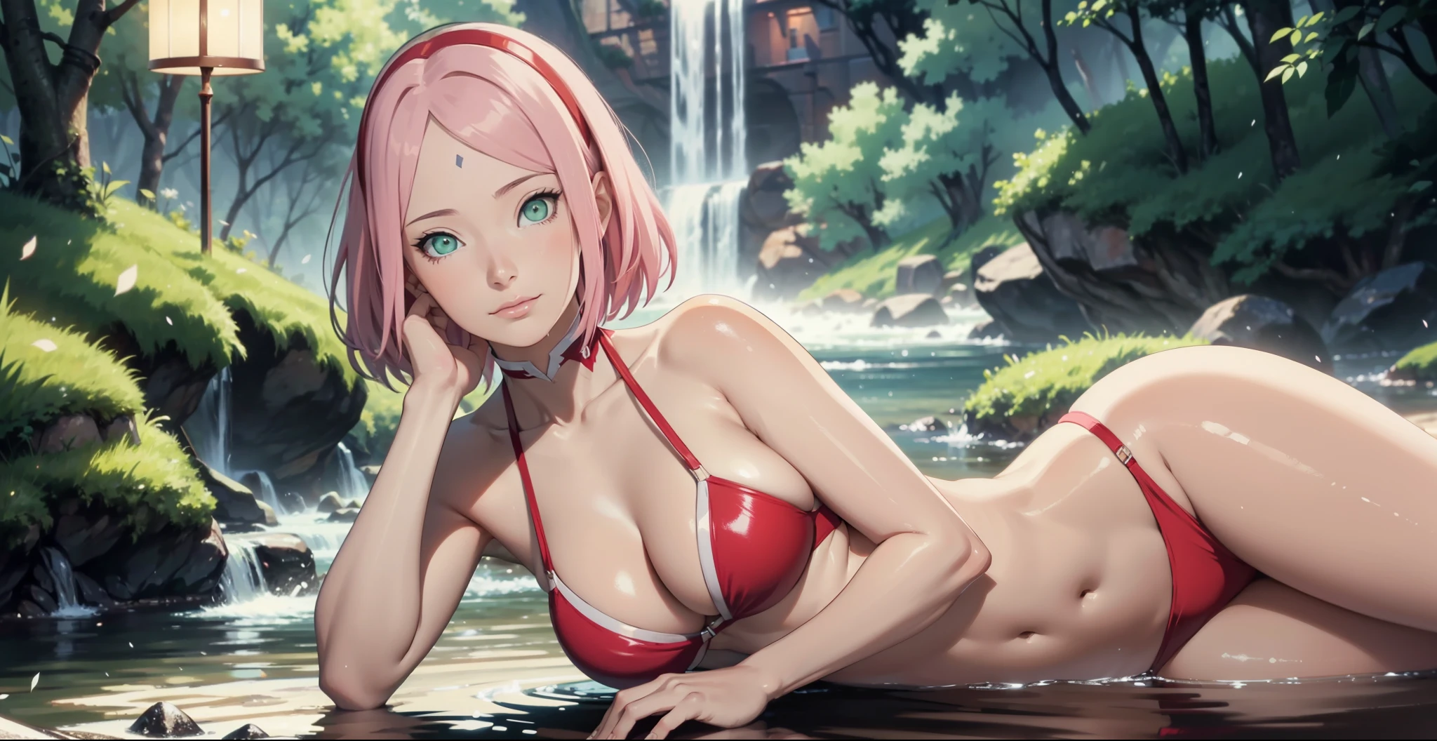 full body,landscape, nature background,masterpiece, Cherry blossom forest, (high detal:1 1), Natural skin, high qulity, NSFW, Naruto Sakura，A pink-haired，short detailed hair，Green eyes，（Large breasts:1.2），（Off-the-shoulder attire:1.5），Leaking out of the shoulder，（Bikini:1.5），（ssmile:1.2），Be red in the face，（cleavage:1.4），Sexy figure，perfect bodies，white clothes，beautidful eyes, (Detailed face and eyes), (the face: 1 2), noises,Extra, real photograph, .................PSD, Lamp film photography, sharp fokus, contrasty lighting, Delicate skin, High resolution 8K, insanely details, realisticlying, professional photoshooting, 8K  UHD, SLR camera, softlighting, high high quality, filmgrain, Fujifilm XT3，magic，particle fx