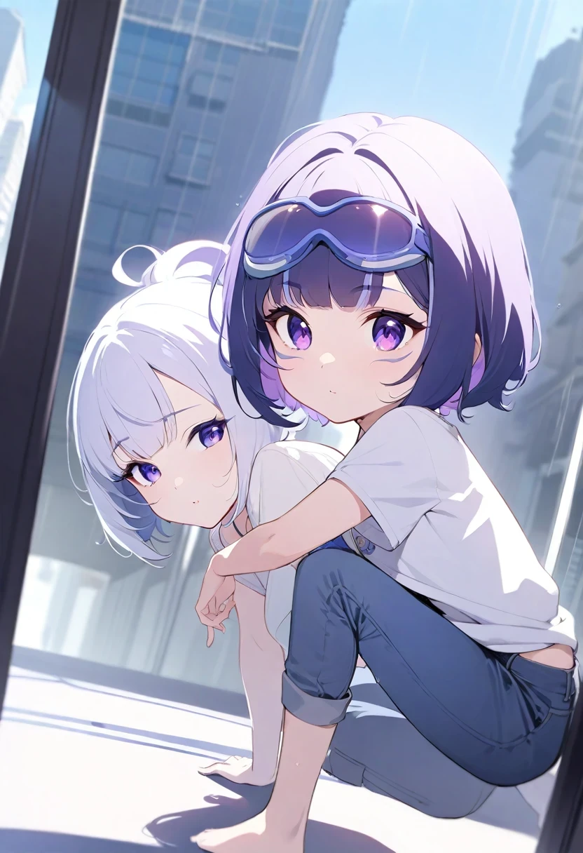 (shylily/(Twich/):1.5),(masterpiece:1.2),(best quality:1.2),Exquisite masterpiece, best quality, illustration style, an anime girl with a curly ponytail, beautiful eyes, summer, white short-sleeved hem blown by the wind, jeans, blue-purple gradient goggles, small, heartwarming, youthful and beautiful, heroic and sassy, black and white matching, showing a natural casual style. The dynamic posture contains the golden section, large aperture portrait, white space, strong contrast between light and shadow, super texture, super clear and concise picture, presenting extremely beautiful, elegant temperament, delicate facial expressions, city background, rainy days, road area water reflection