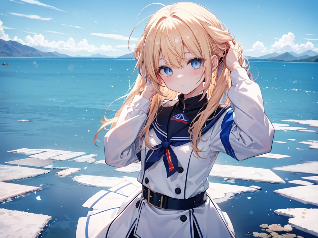 Border Uniform, Blue Eyes, fine grain、blonde、Multicolored Hair、Inner Color、Twin tails、 thin、One eye is hidden、1 girl、Sad face、Beautiful blue sky、8K background、Medium Chest、whole body、Woman Standing On The Surface of the Lake、Uyuni salt lake、((((Put your hands on your head))))、No sleeve、Angle from above、
