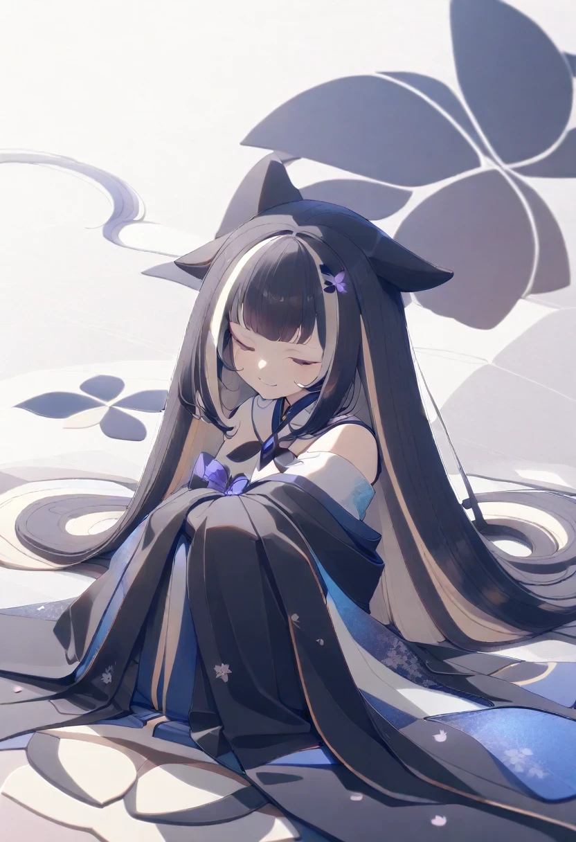 (shylily/(Twich/):1.5),(masterpiece:1.2),(best quality:1.2),32k, perfect body, cute , cute smile, cute dress, long hair, black dress, ((black butterfly)), ((black butterfly hair ornament)), ((black butterfly shaped brooch)), ((black butterfly dress)), ((black ligth particle)), (((beautiful quality))), ((black kimono)), ((black Japanese clothing)), ((nekomimi)), (((Cherry blossom background))), ((the floor is on the water surface)), 