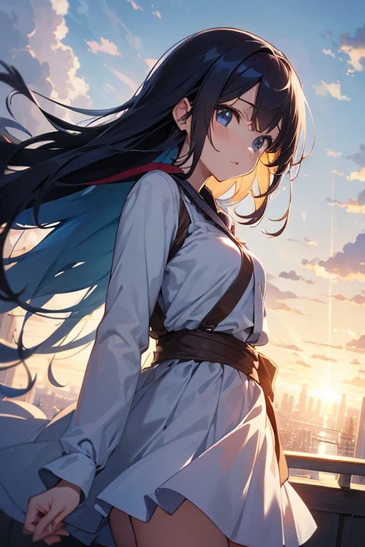 absurderes, hight resolution, (Anime style:1.1), ((masutepiece)), ((Best Quality)), (Ultra-detailed), (Beautiful), solo, Beautiful face、(liftup)、Cute looking at the view from the top of a skyscraper that is closer to the atmosphere,Wind,Thin White colorful long hair,, Blue Eyes,Lens Flare,Dramatic,Detailed Ancient City、Skirt fluttering in the wind、Clouds below looking down、(Don't look here:1.4)