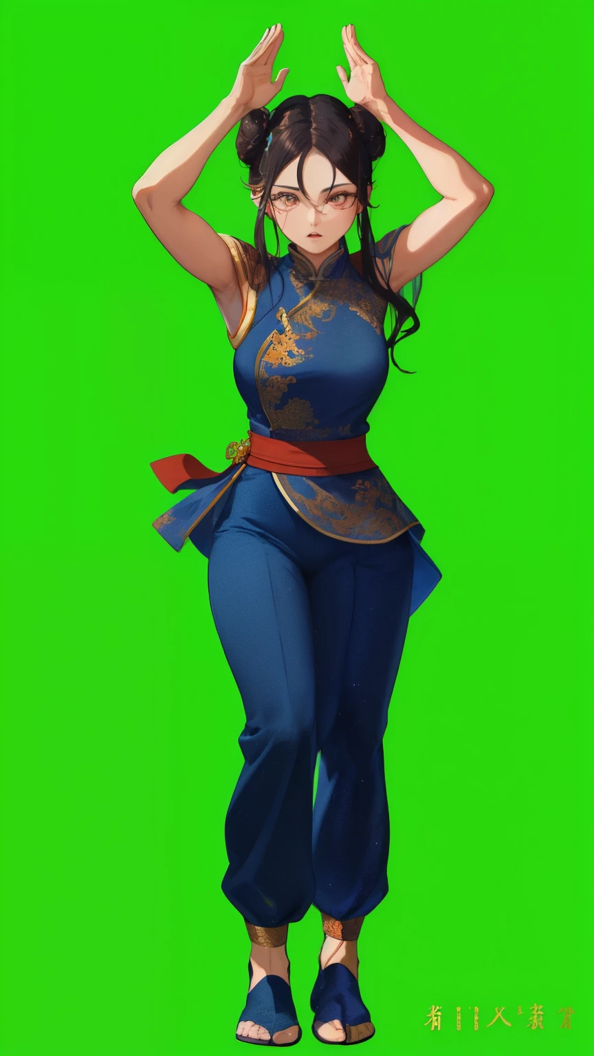 whole body、Paichang, Twin blades with blue ribbon, brown eyes, double bun,black hair,Are standing, alone , Upper body,  combat readiness, 
Paiati,blue chinese dress, Red band, pants, sleeve less,
marble floor, blue sky, cloudy, evening,
(Extremely detailed, beautiful detailed face, masterpiece, highest quality)    