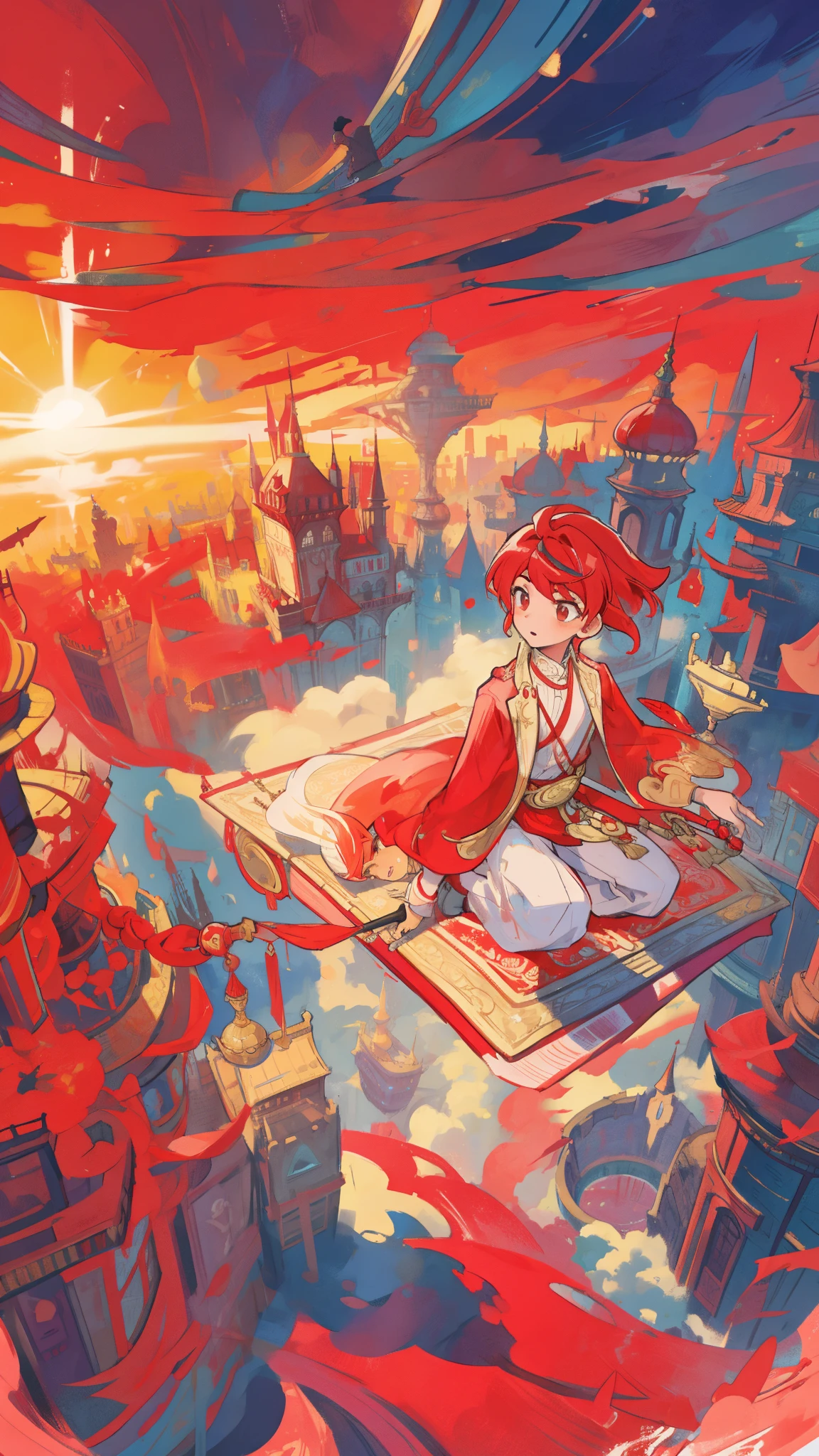 An boy adolescent, dressed in a striking combination of red and cream, gracefully traversing the skies on a flying carpet amidst a bustling floating cityscape. Vibrant, fantastical, aerial view, dynamic angle, intricate architecture, whimsical atmosphere, tachi-e, fashionable, outfit, posing, front, colorful, dynamic, background, elements, confident, expression, holding, statement, accessory, coiled, around, scene, text, cover, attention-grabbing, title, stylish, catchy, headline, larger, striking, modern, focus, fashion