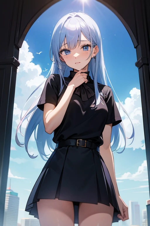 absurderes, hight resolution, (Anime style:1.1), ((masutepiece)), ((Best Quality)), (Ultra-detailed), (Beautiful), solo, Beautiful face、(liftup)、Cute looking at the view from the top of a skyscraper that is closer to the atmosphere,Wind,Thin White colorful long hair,, Blue Eyes,Lens Flare,Dramatic,Detailed Ancient City、Skirt fluttering in the wind、Clouds below looking down、(Don't look here:1.4)