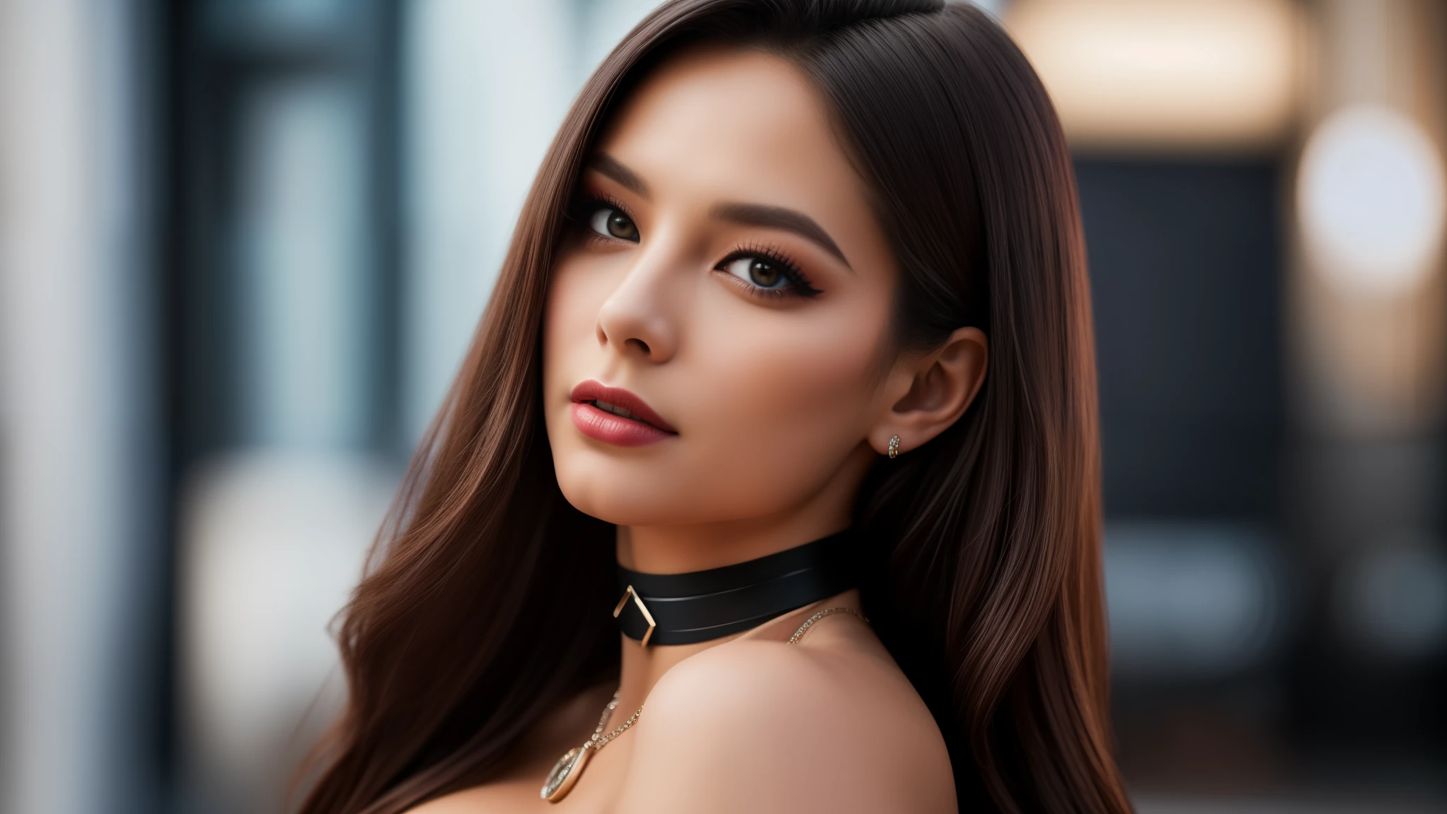 tmasterpiece,best qualtiy,hdr, hyper HD, 8K,Bokeh,Ultra-fine painting,Sharp focus,Physically-based rendering,Extreme detail description, half-body photo,looking at viewer, choker, dark eyeshadow:1.5, (red lipstick:0.8), (big breasts:1.3), (EOS R8, 50 millimeters, F1.2, 8K, RAW photo:1.2)