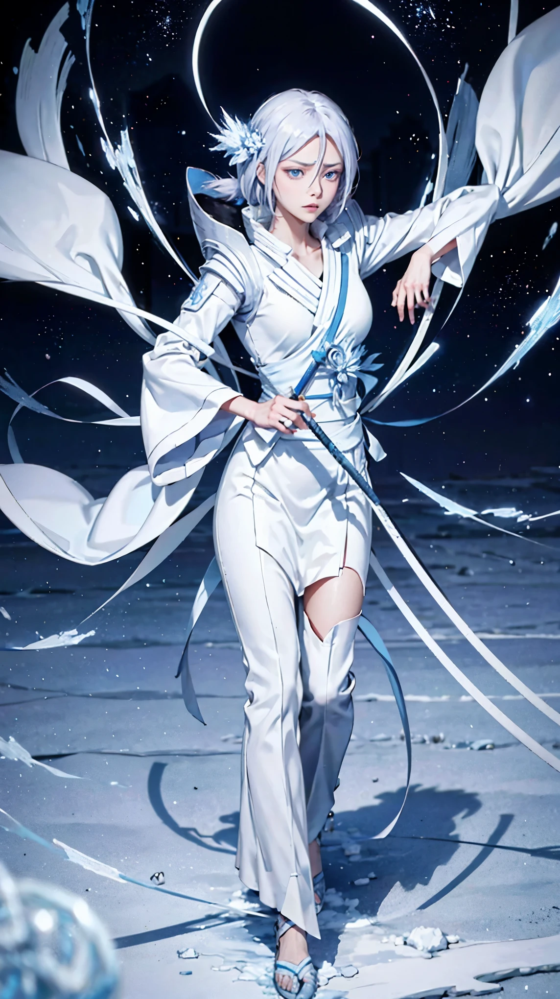 A digital art of Rukia Kuchiki, Bankai form(Hakka no Togame), from anime Bleach, standing, Full body, white hair, light blue eyes, frozen katana, ice particles, snowflakes, hyper detailed, hyper realistic, look at the the viewer, 4k, wide depth of field, radiant mapping, high dynamic range, masterpiece.