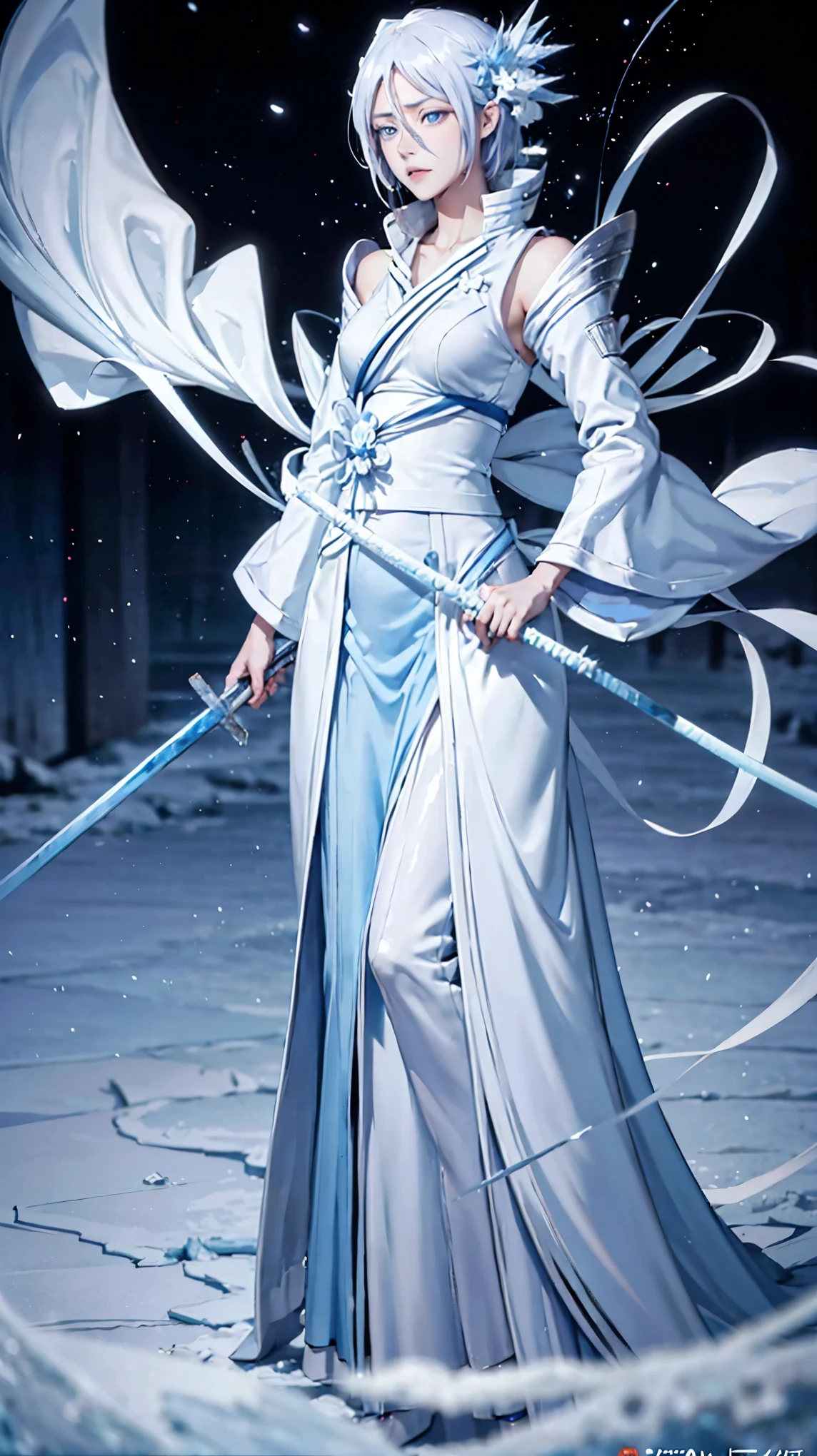 A digital art of Rukia Kuchiki, Bankai form(Hakka no Togame), from anime Bleach, standing, Full body, white hair, light blue eyes, frozen katana, ice particles, snowflakes, hyper detailed, hyper realistic, look at the the viewer, 4k, wide depth of field, radiant mapping, high dynamic range, masterpiece.