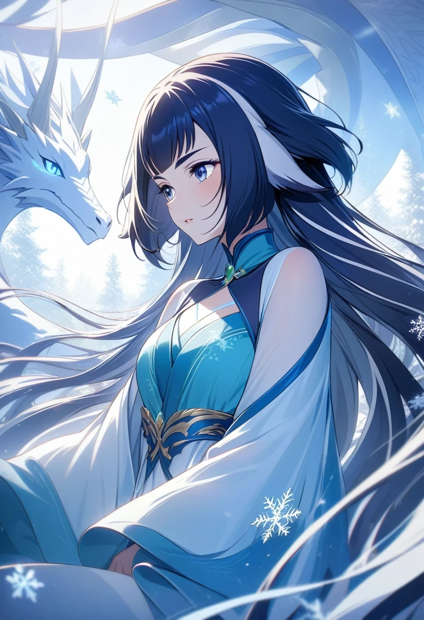 (shylily/(Twich/):1.5),(masterpiece:1.2),(best quality:1.2), Super Fine. theme: Wearing a white dress、Young woman wearing jade jewelry,sit elegantly. She is surrounded by a graceful white dragon. emotion: peaceful. light: Soft,Highlight Snowflakes. Scenes: A snowy scene,Fine snowflakes fell around her and the dragon. style: Colorful Super Fine Realism. aspect ratio: 16:9,