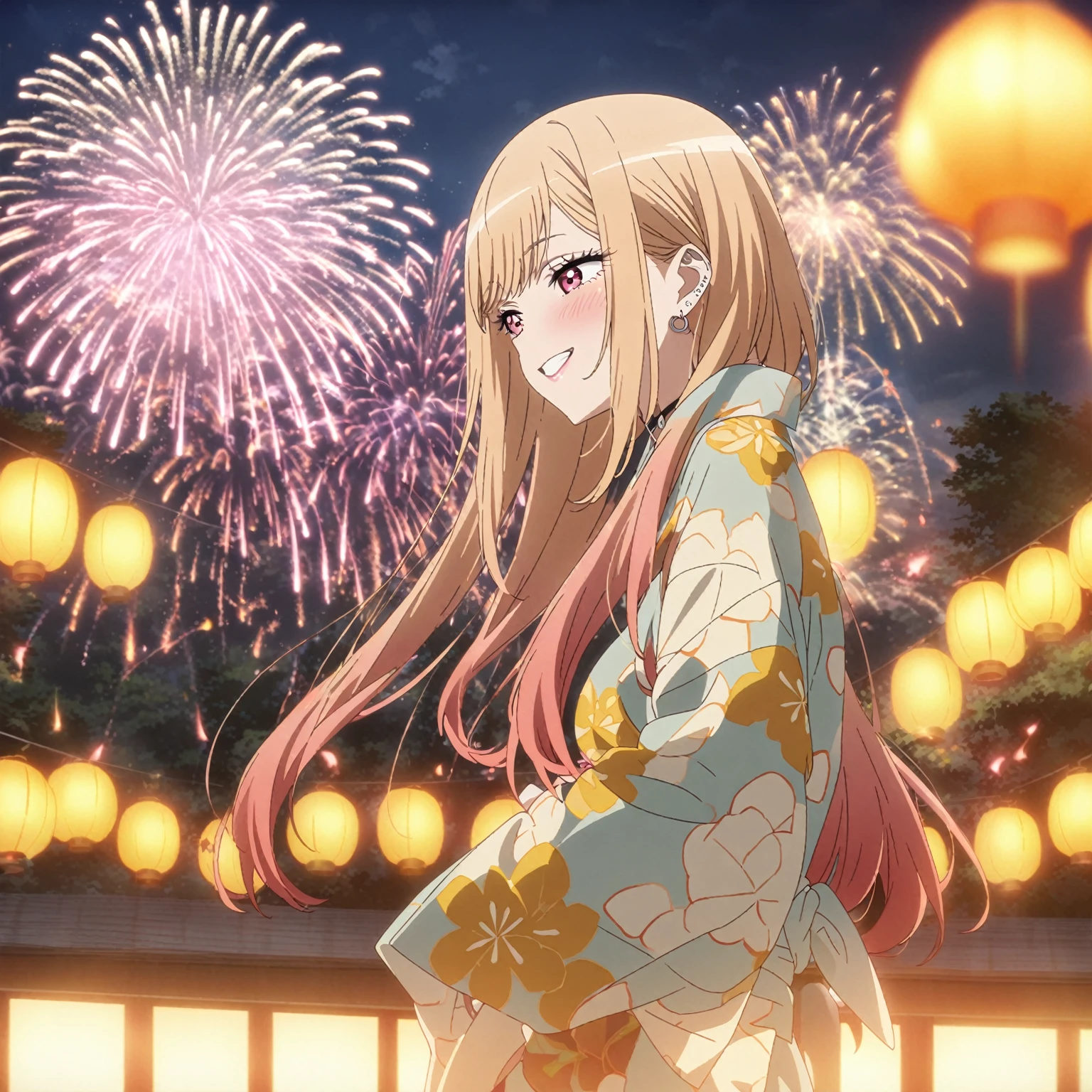 1girl, kitagawa marin, sono bisque doll wa koi wo suru, yukata, fireworks, festival, anime artwork, anime style, key visual, vibrant, studio anime, highly detailed, masterpiece, best quality, very aesthetic, absurdres