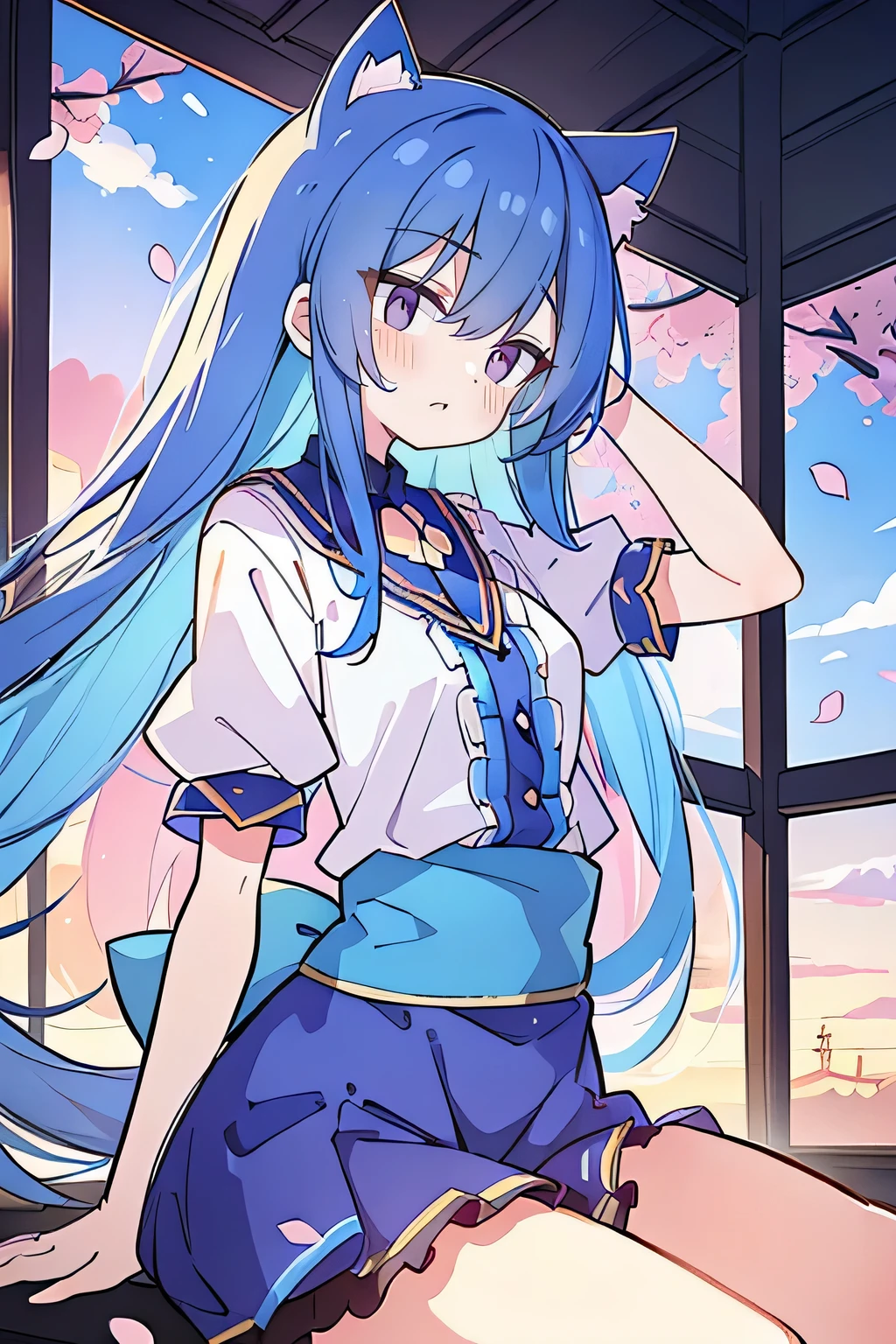 (masterpiece:1.2),Super detailed,Practical,expressive eyes,Fair skin,Perfect face shaping,1 Girl,
Japanese cartoons,Gorgeous blue hair, the long flowing blue hair,Floating clothes,Cat ears,Petals falling,beautiful lola,Young Angel,
Hands on waist,sit elegantly on the ground,Cross your legs,Gentle and peaceful background,Cool and cozy pavilion,Sunset,