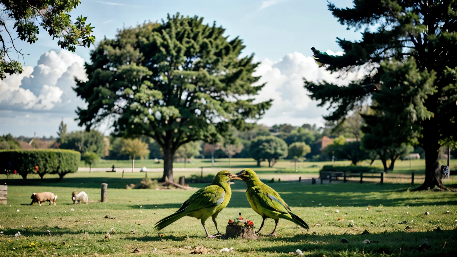 Tow green birds in a romantic scene with beautiful green nature landscape, animals.
