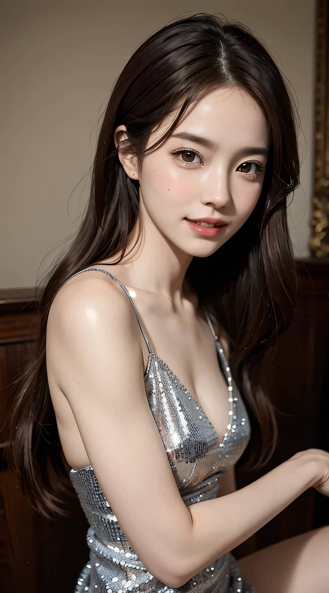 Lightly reddish,smile,Detailed pupil,Cowboy Shot, , ( ,), View your viewers,Beautiful woman,(Skin dents:1.2), Shiny skin, highest quality, Ultra-high resolution, (Realistic:1.4),