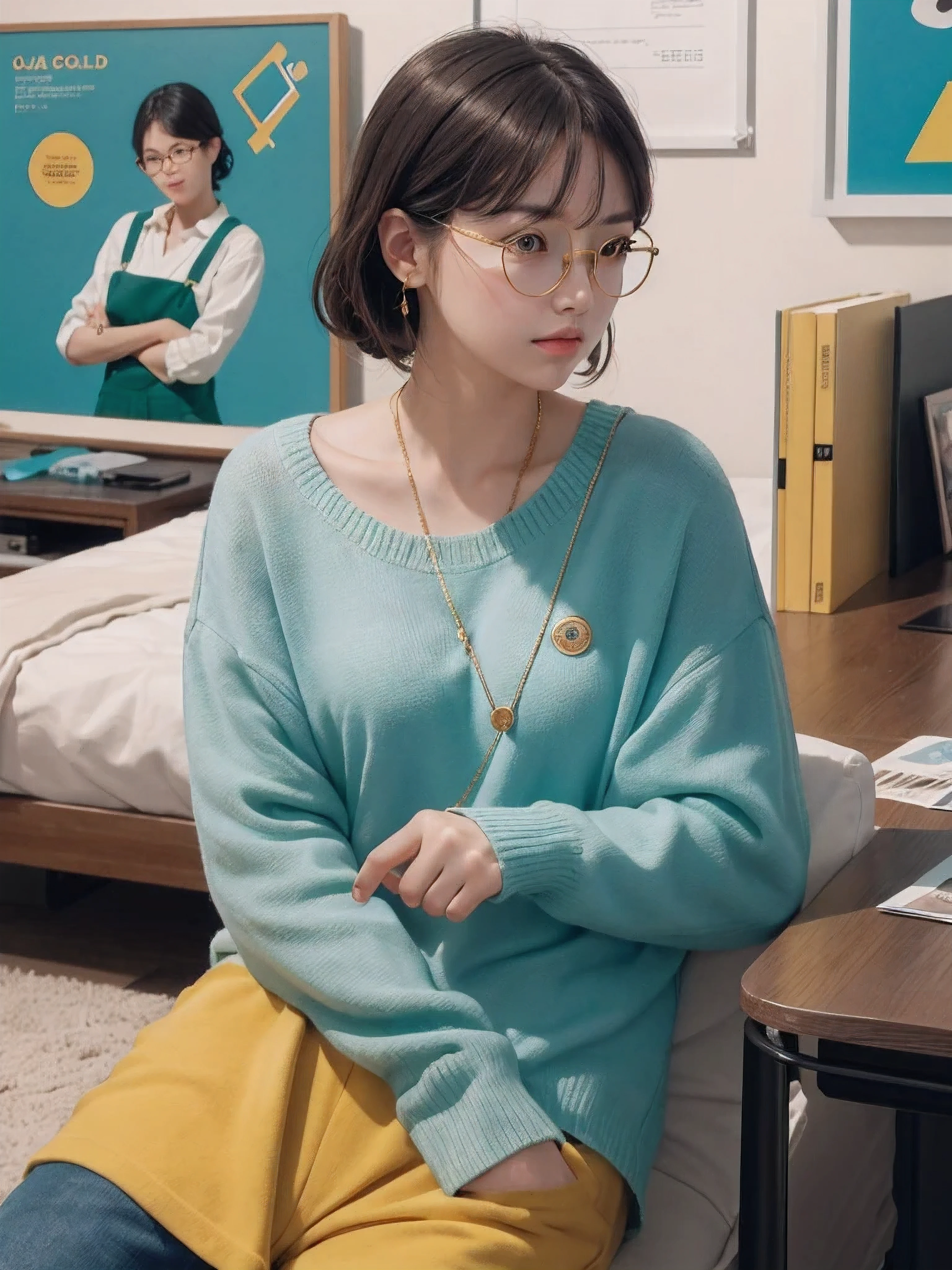 (Masterpiece, highest quality, super large resolution); (CG illustration); (a cute and cute girl); (sleepiness) (exhaustion); ((round-framed gold wire glasses)), (fashionable) (trendy); Rich colors, cyan, orange, yellow, green, cyan, blue, purple, fashion typography, magazine cover poster, hyper-detail, art, title, logo, label, badge, graphic design, detail post-processing, depth of field, high brightness, high saturation, more white space;
