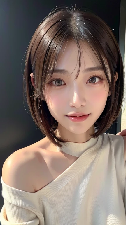 (((Close-up of face)))、(((Absolutely shoulder-length brown straight short bob)))、(((She is posing like a hair salon model, with a black wall indoors as the background.)))、(((Casual black winter long sleeve outfit)))、Half Japanese, half Korean、18 year old girl、Standing Alone、Looking forward、Light eye makeup、Brown Hair Color、Flat and 、Hair blowing in the wind、Actress Quality、Glossy, ultra-realistic face、Smiling face、Watery eyes、Gazing Up、Subtle lighting effects、 Ultra-Realistic Capture、Very detailed、High resolution 16K close up of human skin。Skin texture must be natural、The details must be such that pores can be clearly seen、The skin is healthy、Uniform tone、Use natural light and colors、A worn-out, high-quality photo taken by a model agency's in-house photographer.、smile、(((SIGMA 300 mm F/1.4,1/1000 sec shutter,ISO 400)))
