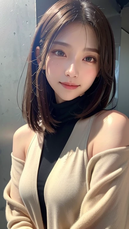 (((Close-up of face)))、(((Absolutely shoulder-length brown straight short bob)))、(((She is posing like a hair salon model, with a black wall indoors as the background.)))、(((Casual black winter long sleeve outfit)))、Half Japanese, half Korean、18 year old girl、Standing Alone、Looking forward、Light eye makeup、Brown Hair Color、Flat and 、Hair blowing in the wind、Actress Quality、Glossy, ultra-realistic face、Smiling face、Watery eyes、Gazing Up、Subtle lighting effects、 Ultra-Realistic Capture、Very detailed、High resolution 16K close up of human skin。Skin texture must be natural、The details must be such that pores can be clearly seen、The skin is healthy、Uniform tone、Use natural light and colors、A worn-out, high-quality photo taken by a model agency&#39;s in-house photographer.、smile、(((SIGMA 300 mm F/1.4,1/1000 sec shutter,ISO 400)))
