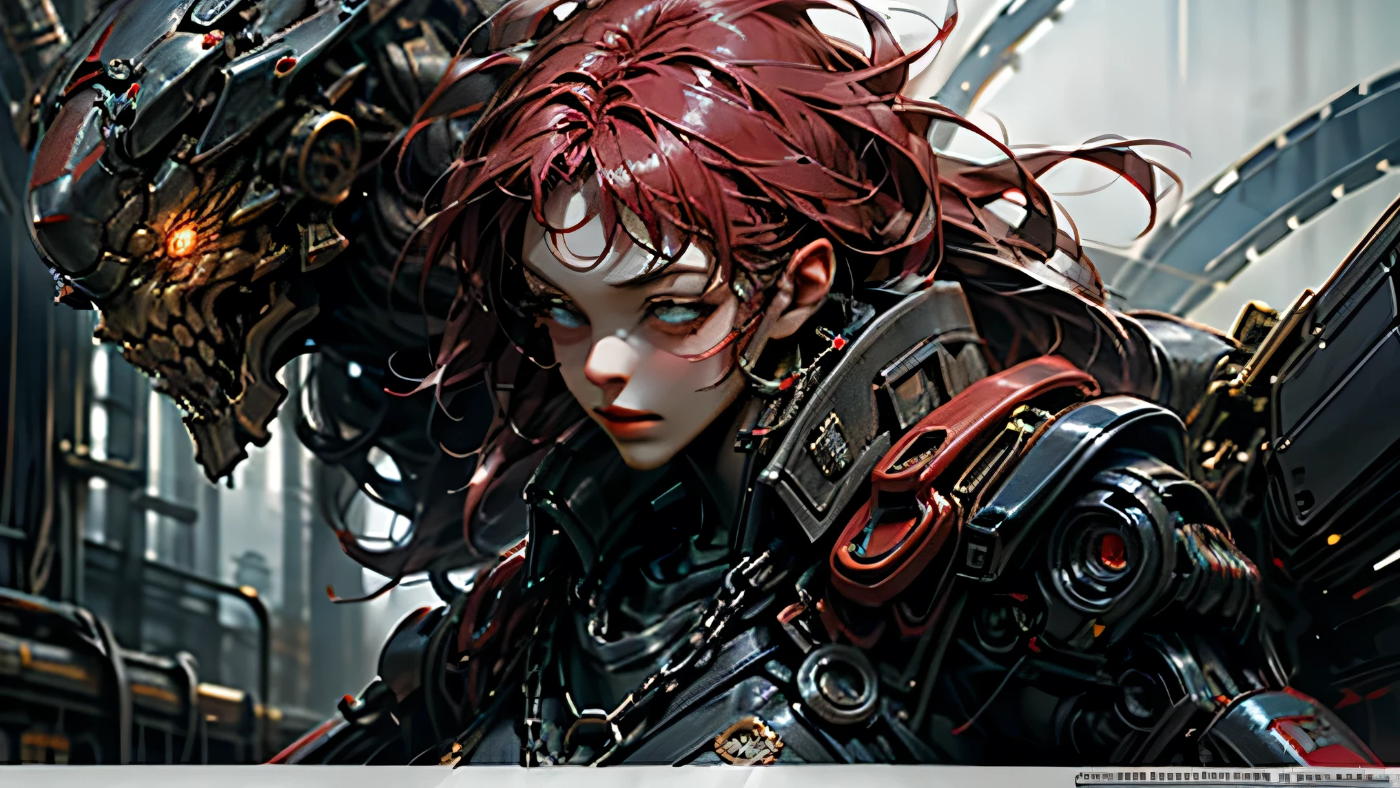 Escuro_fantasia,Cyberpunk,(serra de cadeia,chain saw man,vermelho:1.1),1girl,mechanical marvel,robotic presence,cybernetic guardian,