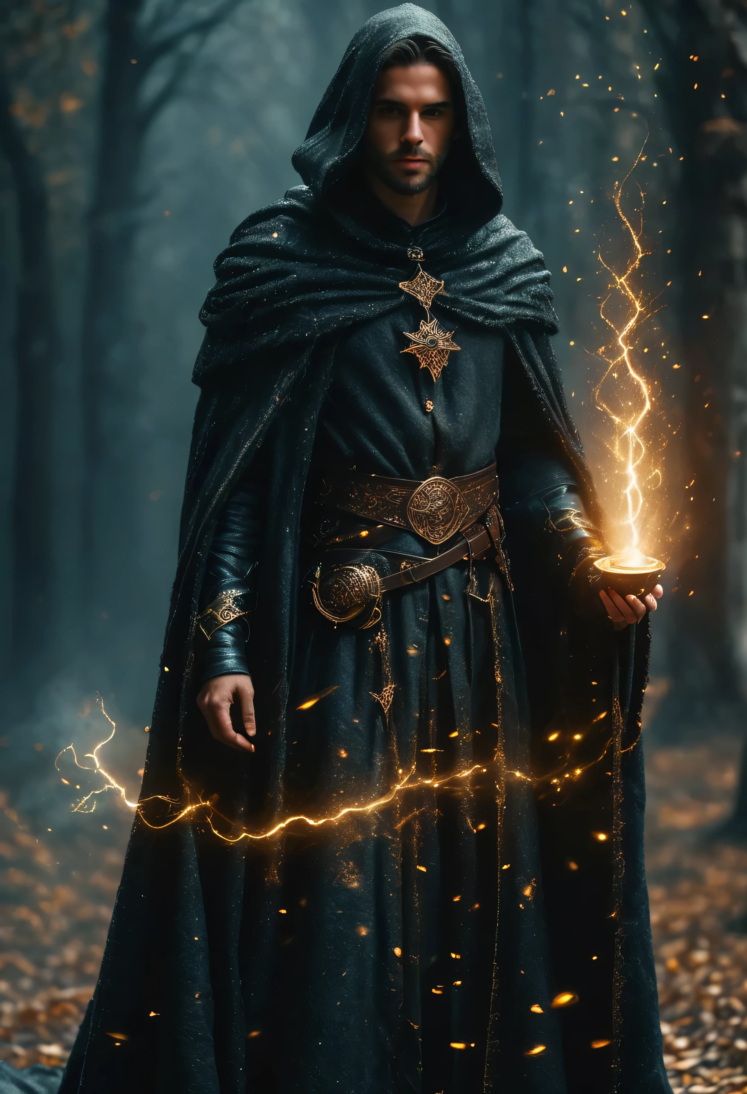 super realistic image, high quality uhd 8K, of man with medieval cloak, detailed realistic ((slim body, high detailed)), ((tall model)), brunette hair, high detailed realistic skin, ((fantasy wizard's cloak with black long skirt and intricate details, several belts at the waist)), ((black wizard's magic cloak, mysterious atmosphere)) ((wizard)) ((casting magic lightning spells)), real vivid colors, standing