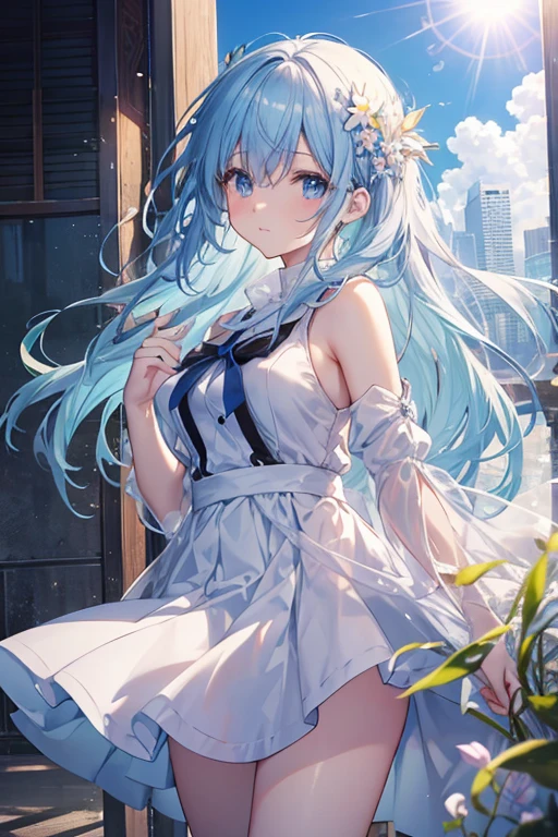 absurderes, hight resolution, (Anime style:1.1), ((masutepiece)), ((Best Quality)), (Ultra-detailed), (Beautiful), solo, Beautiful face、(liftup)、Cute looking at the view from the top of a skyscraper that is closer to the atmosphere,Wind,Thin White colorful long hair,, Blue Eyes,Lens Flare,Dramatic,Detailed Ancient City、Skirt fluttering in the wind、Clouds below looking down、(Don't look here:1.4)