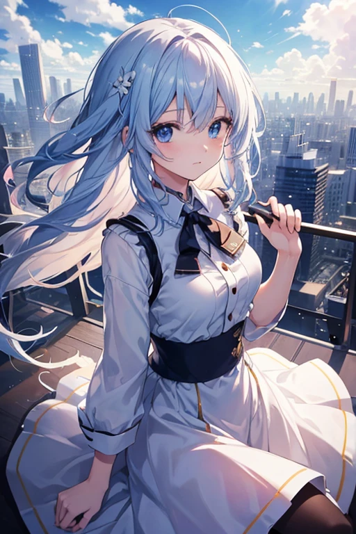 absurderes, hight resolution, (Anime style:1.1), ((masutepiece)), ((Best Quality)), (Ultra-detailed), (Beautiful), solo, Beautiful face、(liftup)、Cute  looking at the view from the top of a skyscraper that is closer to the atmosphere,Wind,Thin White colorful long hair,, Blue Eyes,Lens Flare,Dramatic,Detailed Ancient City、Skirt fluttering in the wind、Clouds below looking down、(Don't look here:1.4)